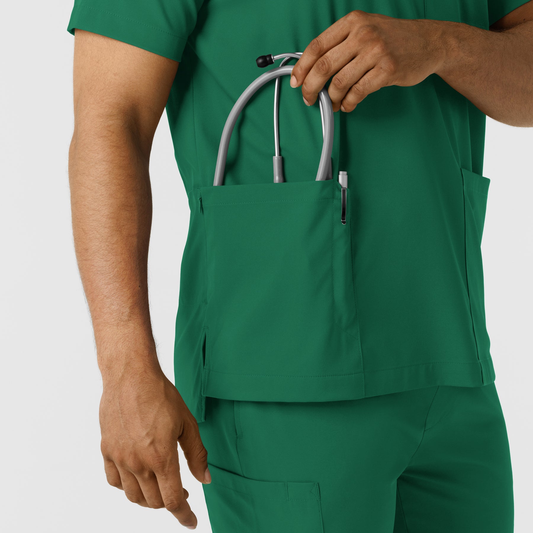 Boundless Men's Multi Pocket V-Neck Scrub Top Hunter back detail