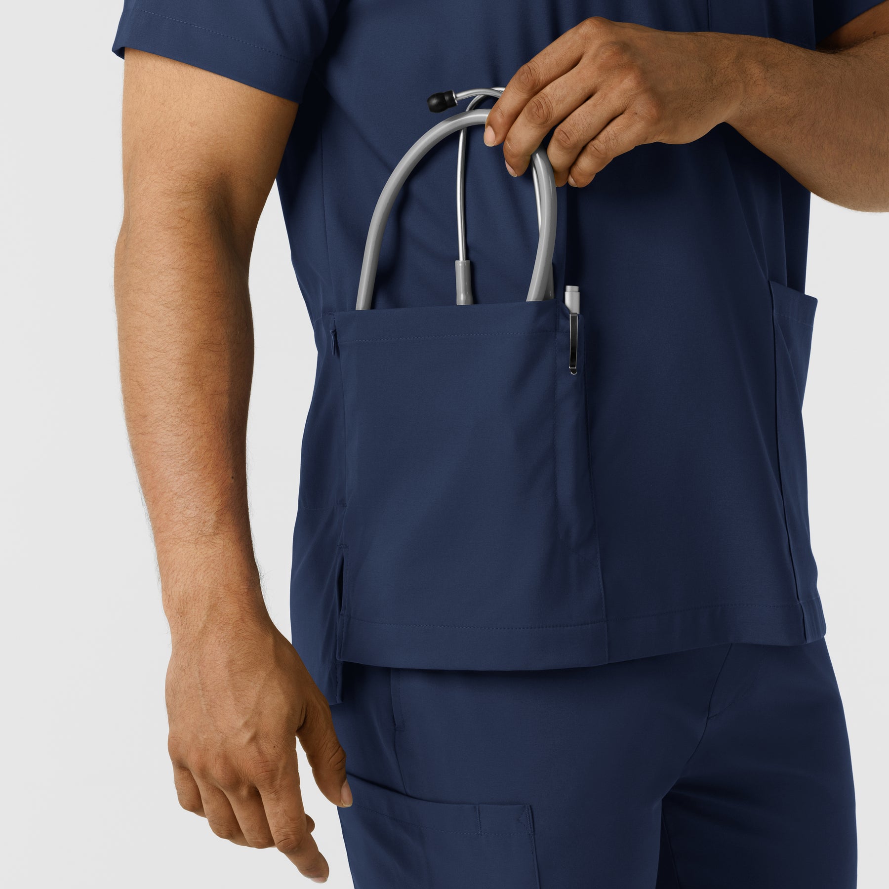 Boundless Men's Multi Pocket V-Neck Scrub Top Navy back detail