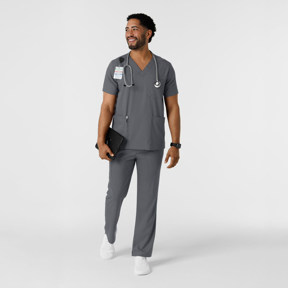 Boundless Men's Multi Pocket V-Neck Scrub Top Pewter full scrub set