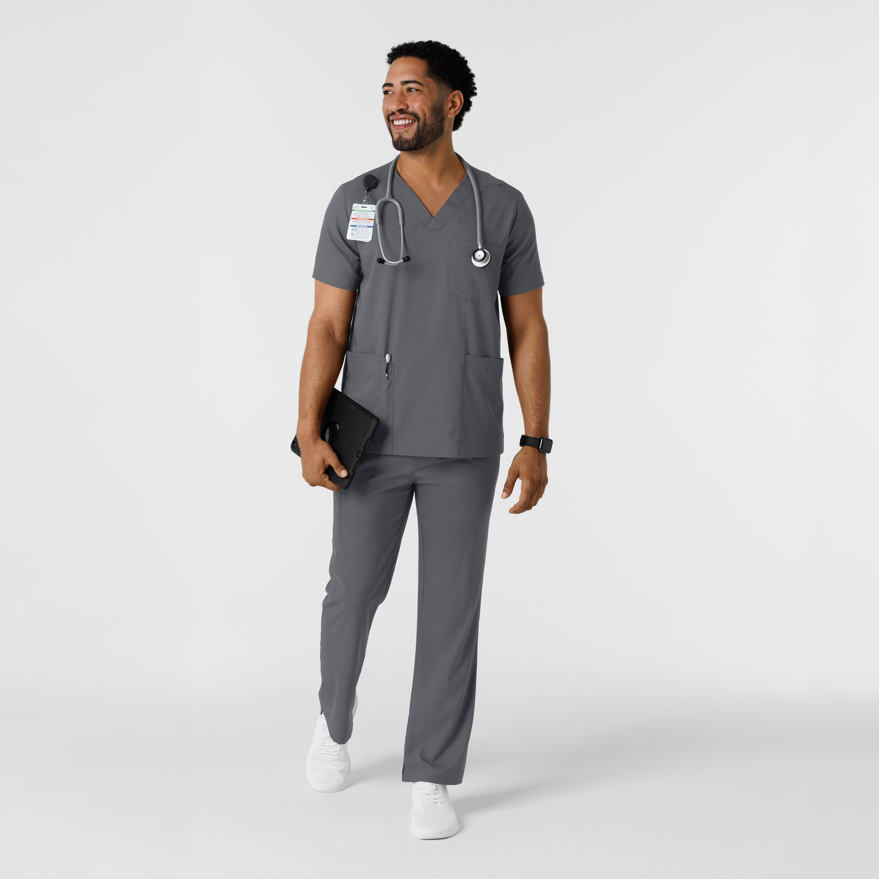 Boundless Men's Multi Pocket V-Neck Scrub Top Pewter full scrub set