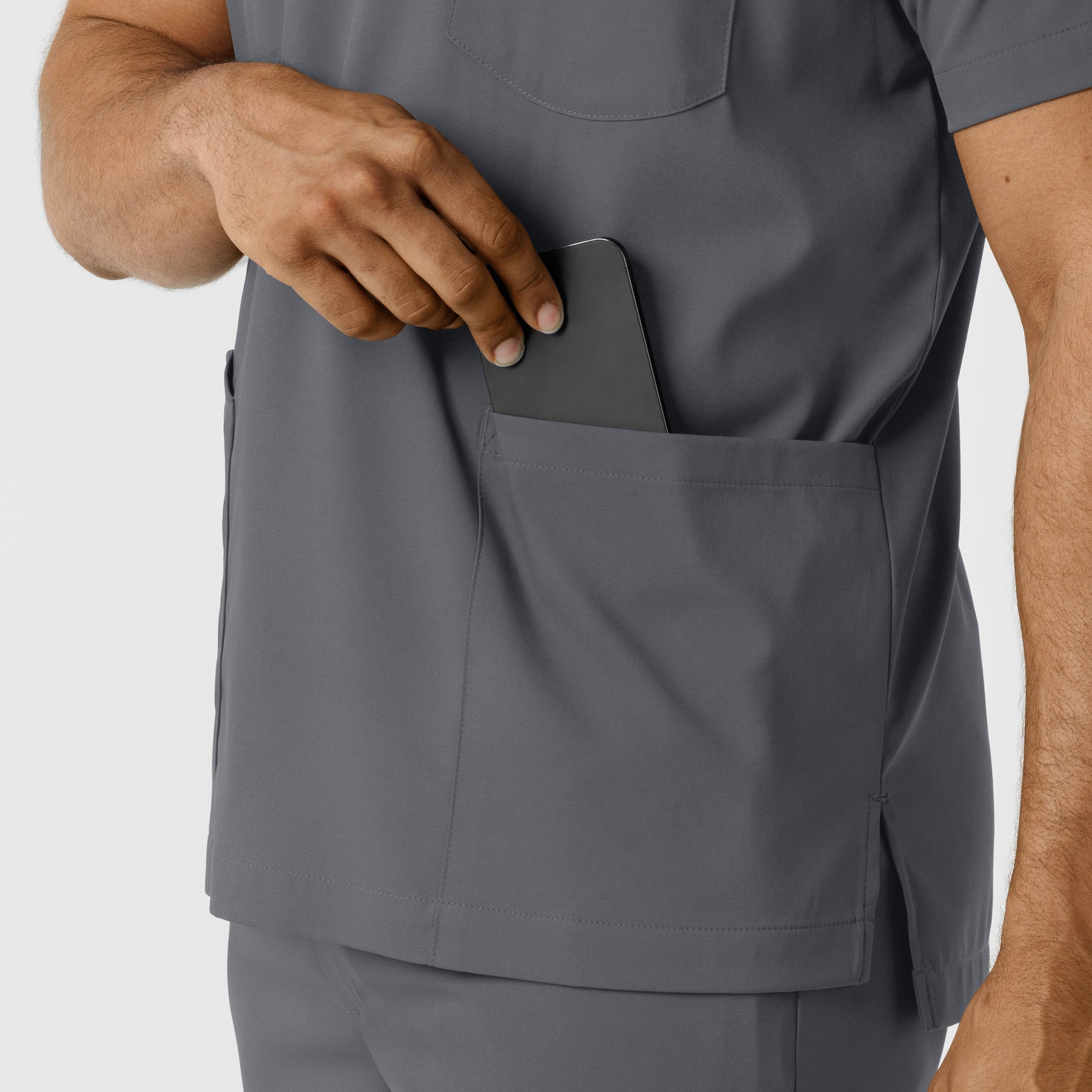 Boundless Men's Multi Pocket V-Neck Scrub Top Pewter hemline detail