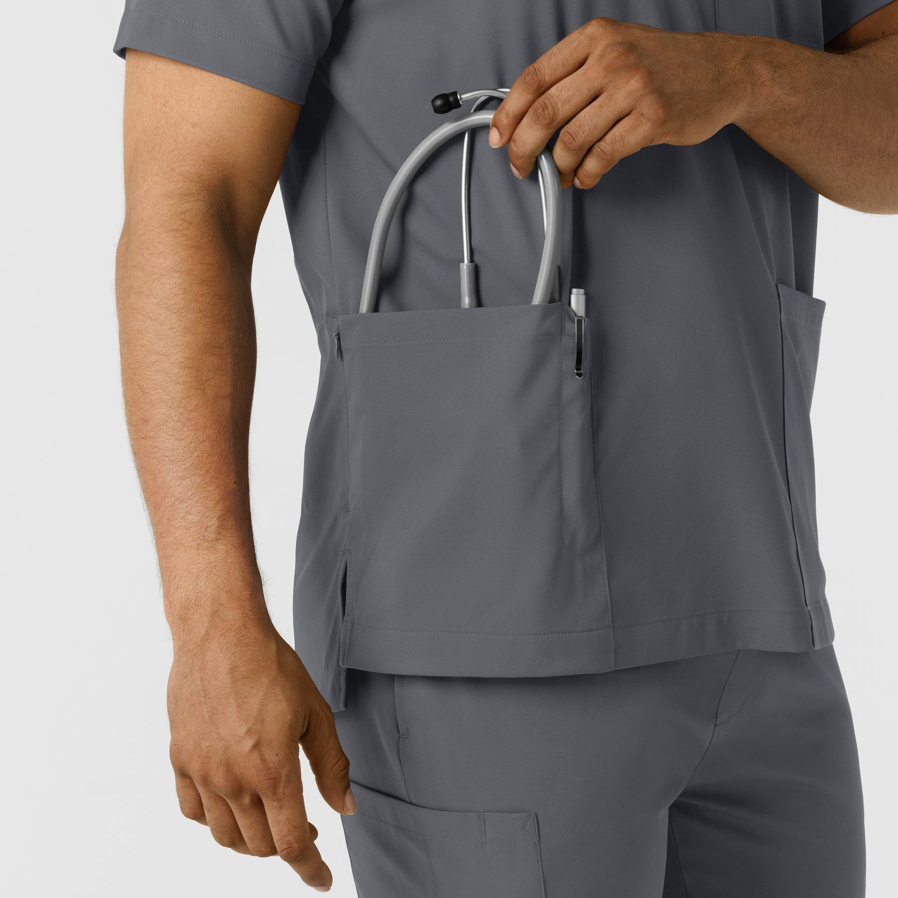Boundless Men's Multi Pocket V-Neck Scrub Top Pewter back detail