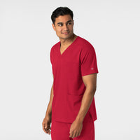 Boundless Men's Multi Pocket V-Neck Scrub Top Red side view
