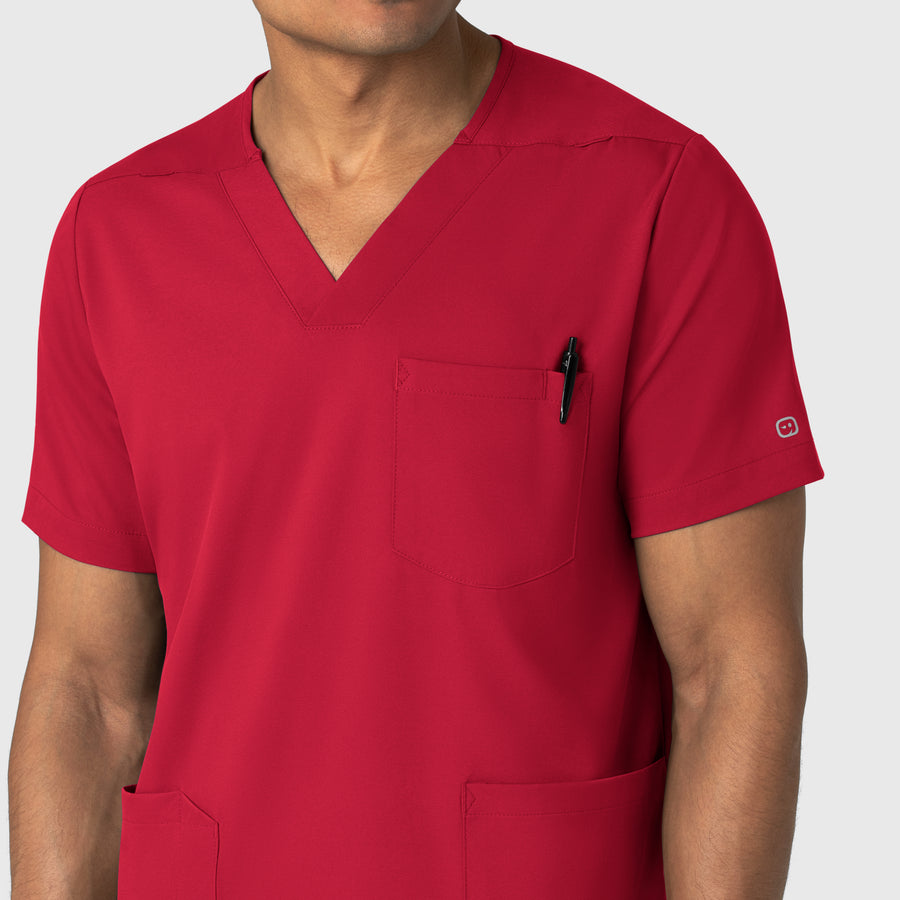 Boundless Men's Multi Pocket V-Neck Scrub Top Red front detail
