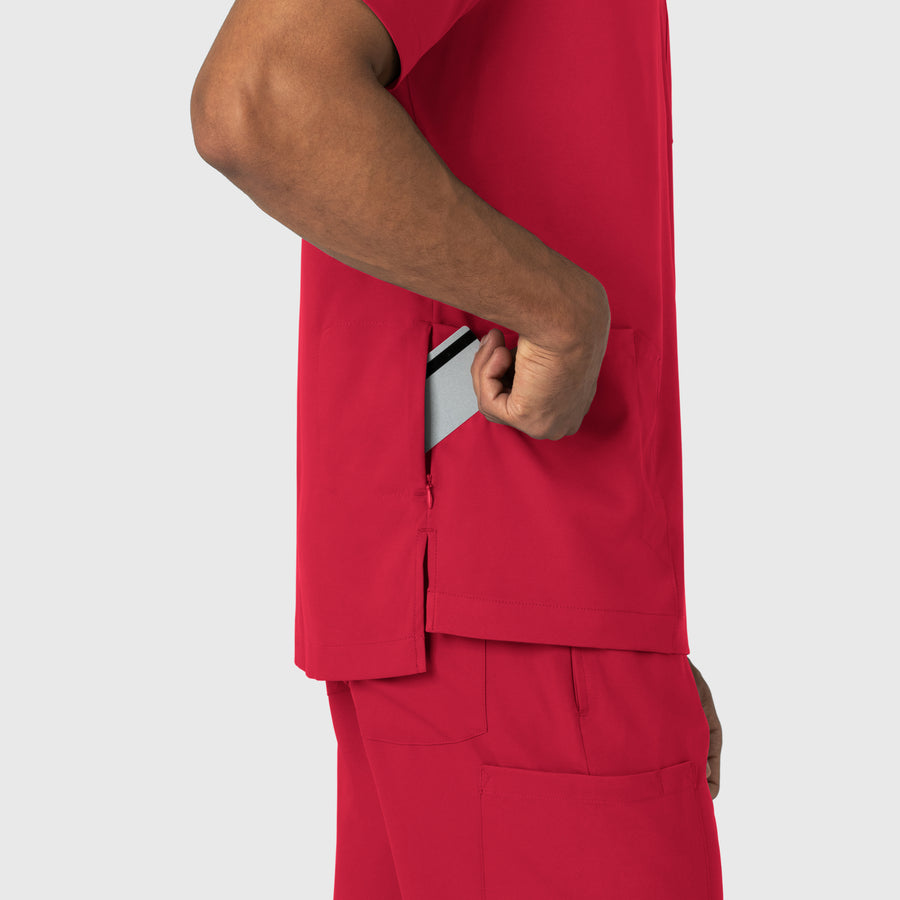 Boundless Men's Multi Pocket V-Neck Scrub Top Red hemline detail