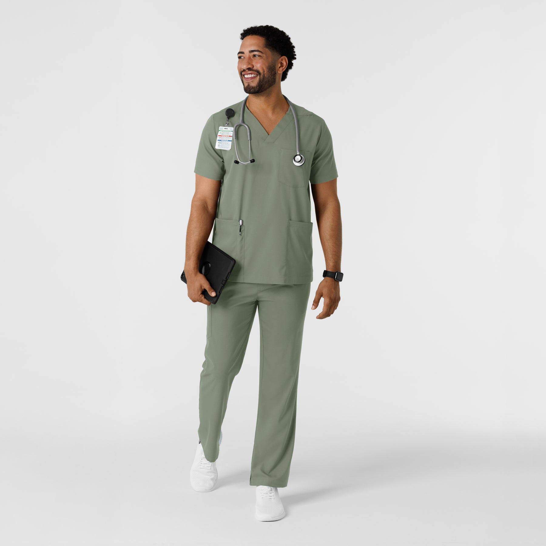Boundless Men's Multi Pocket V-Neck Scrub Top Sage full scrub set
