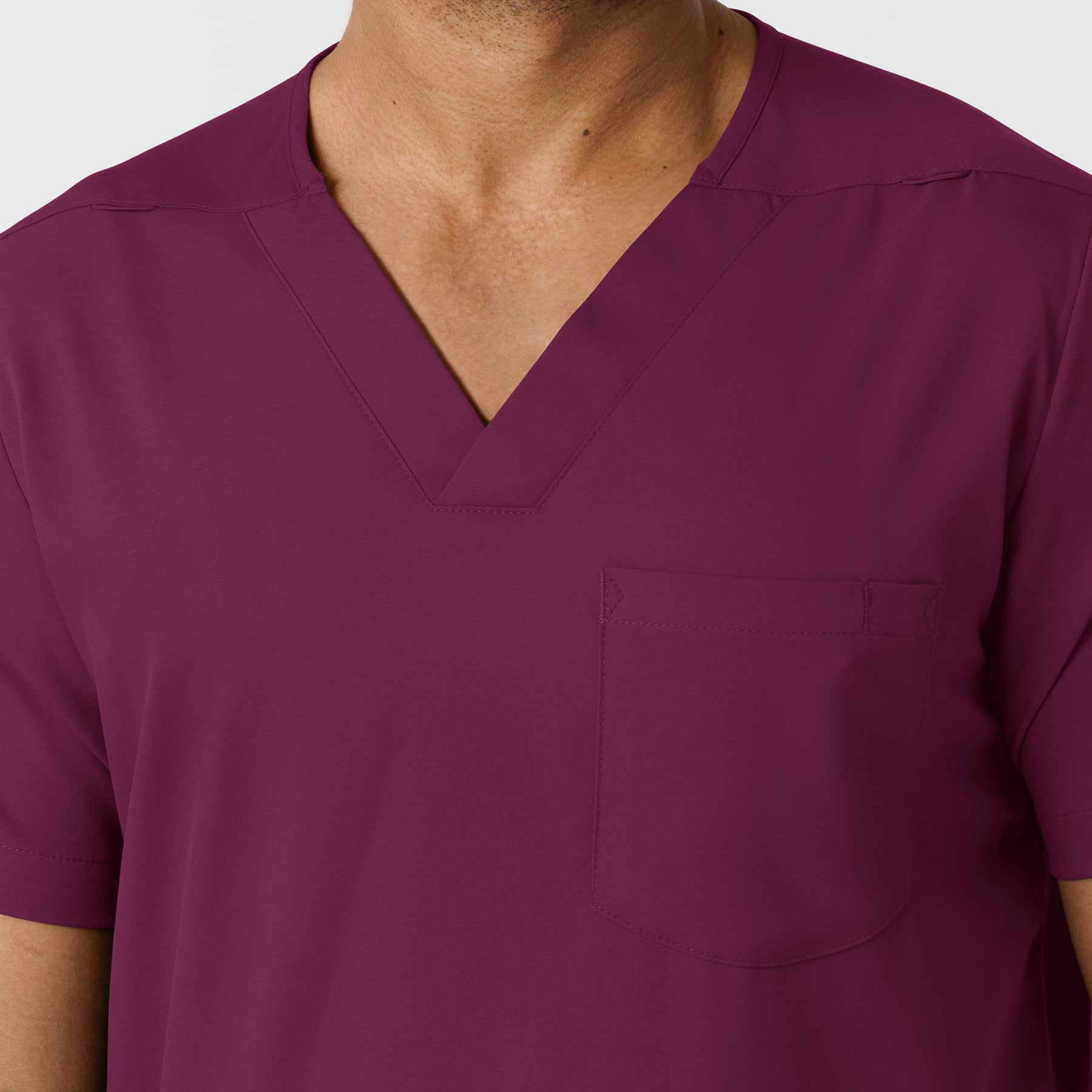 Boundless Men's Multi Pocket V-Neck Scrub Top Wine front detail