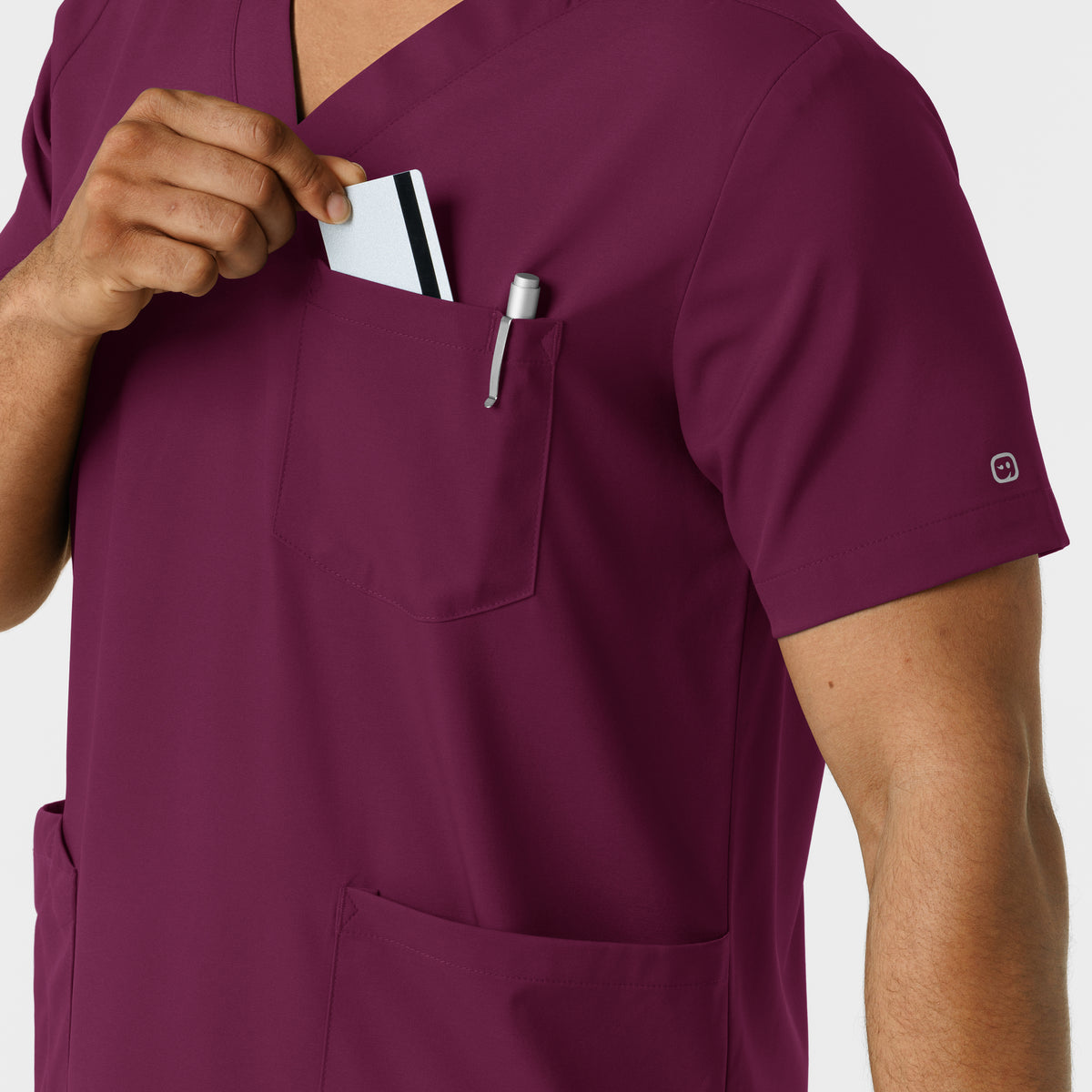 Boundless Men's Multi Pocket V-Neck Scrub Top Wine side detail 2