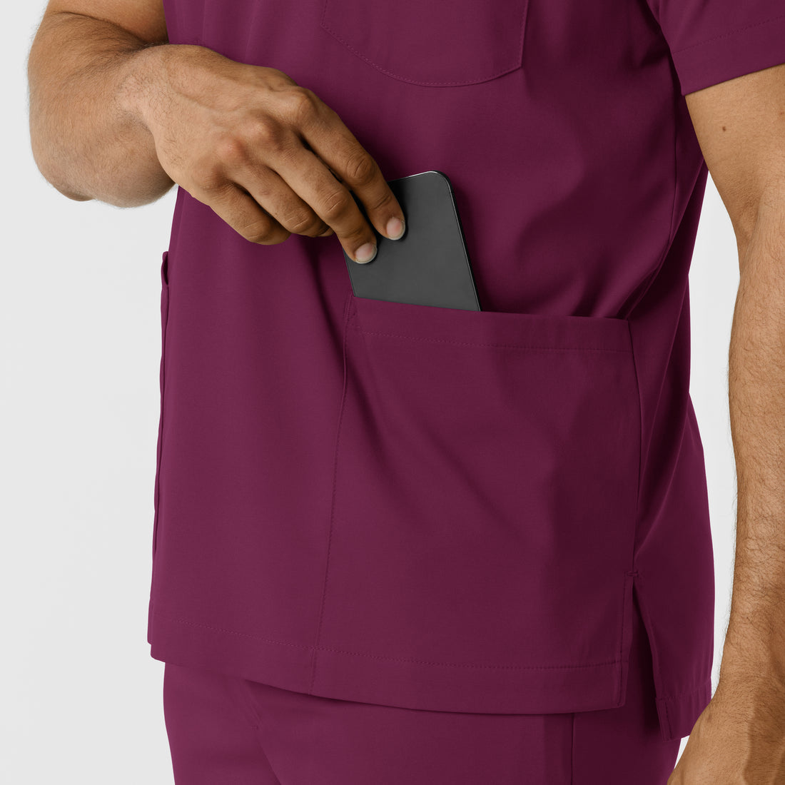 Boundless Men's Multi Pocket V-Neck Scrub Top Wine hemline detail