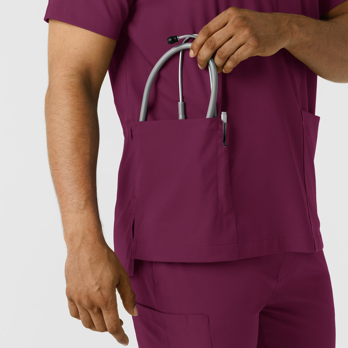 Boundless Men's Multi Pocket V-Neck Scrub Top Wine back detail