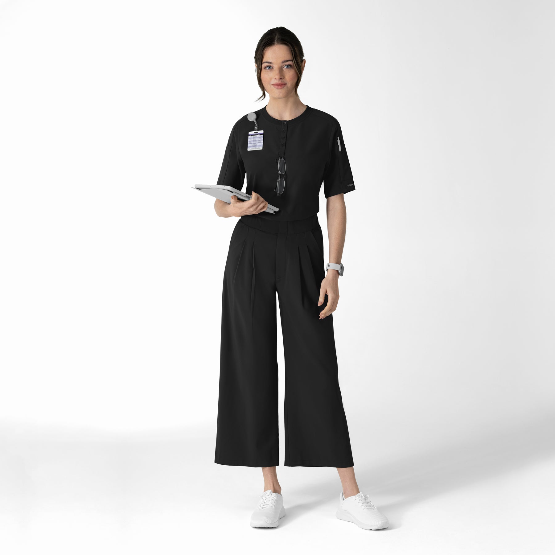 RENEW Women's Tuck-In Henley Scrub Top Black full scrub set