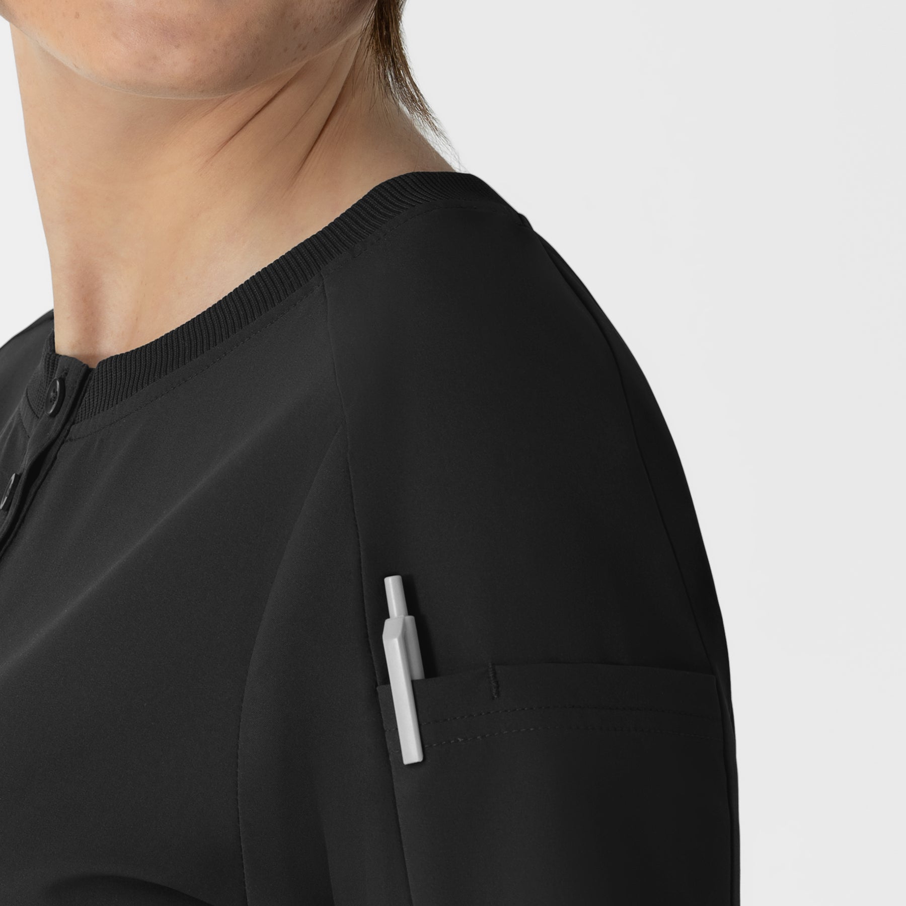 RENEW Women's Tuck-In Henley Scrub Top Black side detail 1