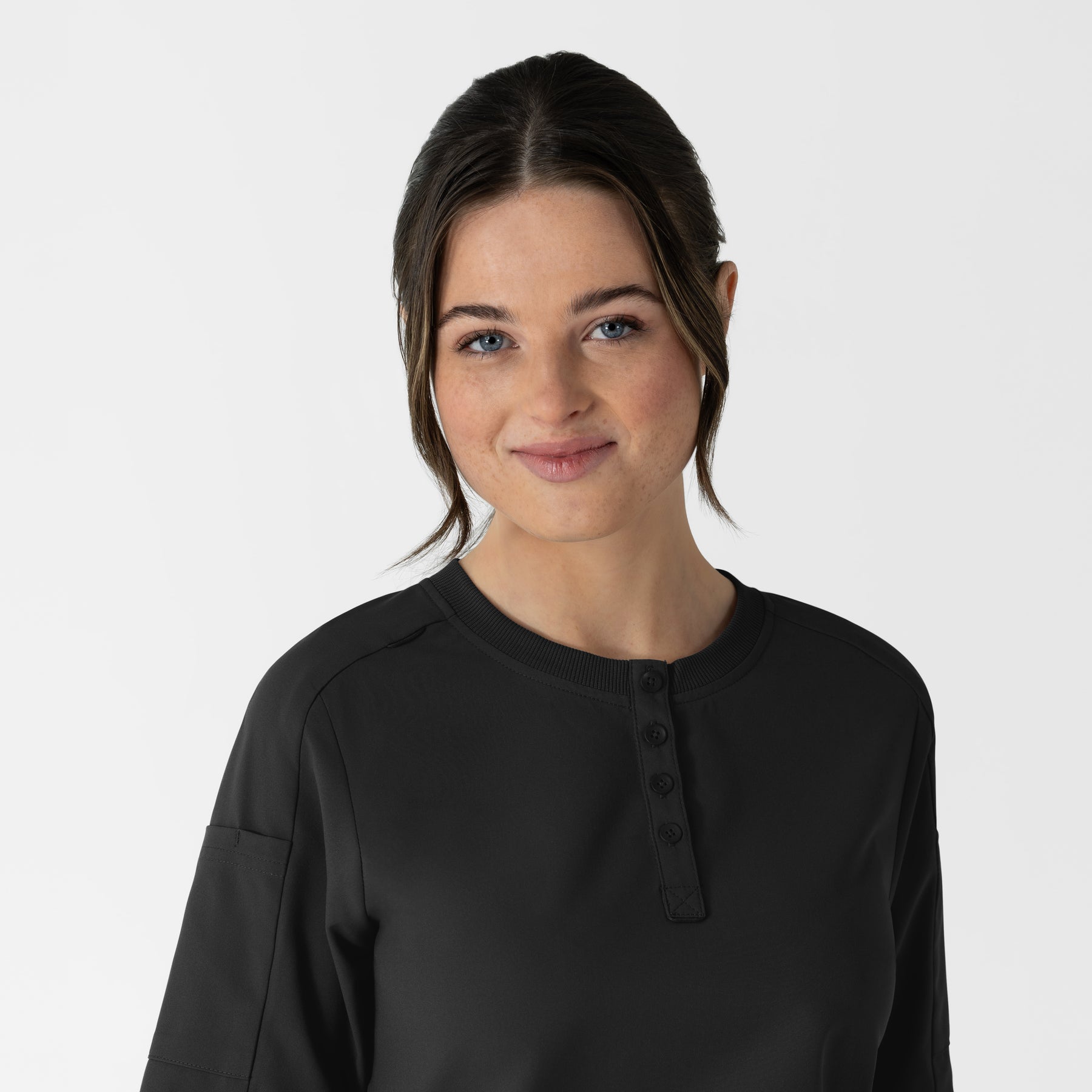 RENEW Women's Tuck-In Henley Scrub Top Black back detail