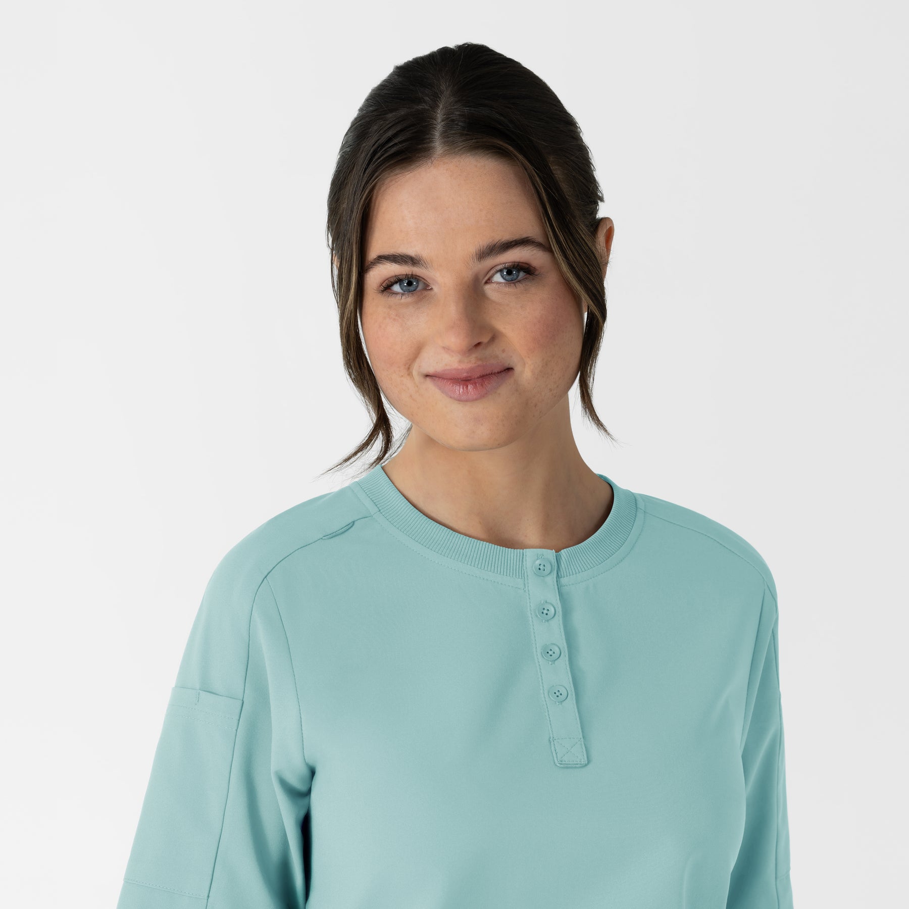 RENEW Women's Tuck-In Henley Scrub Top Coastal Blue back detail