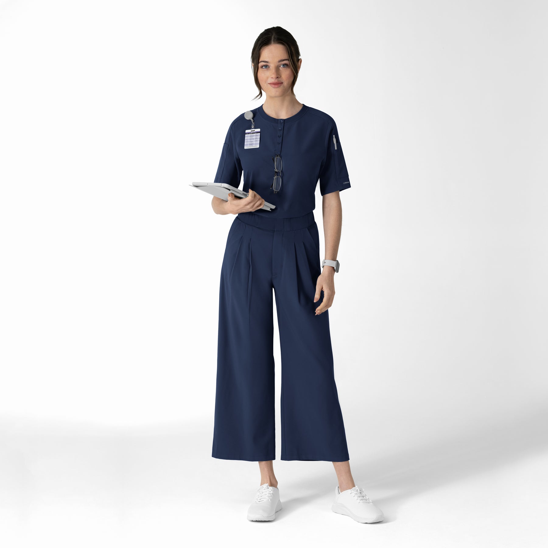 RENEW Women's Tuck-In Henley Scrub Top Navy full scrub set