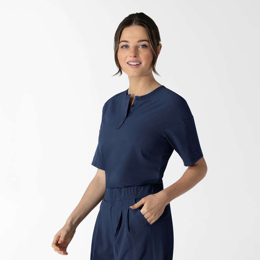 RENEW Women's Tuck-In Henley Scrub Top Navy side view