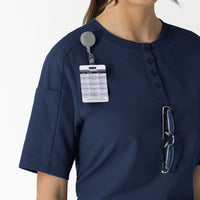 RENEW Women's Tuck-In Henley Scrub Top Navy hemline detail