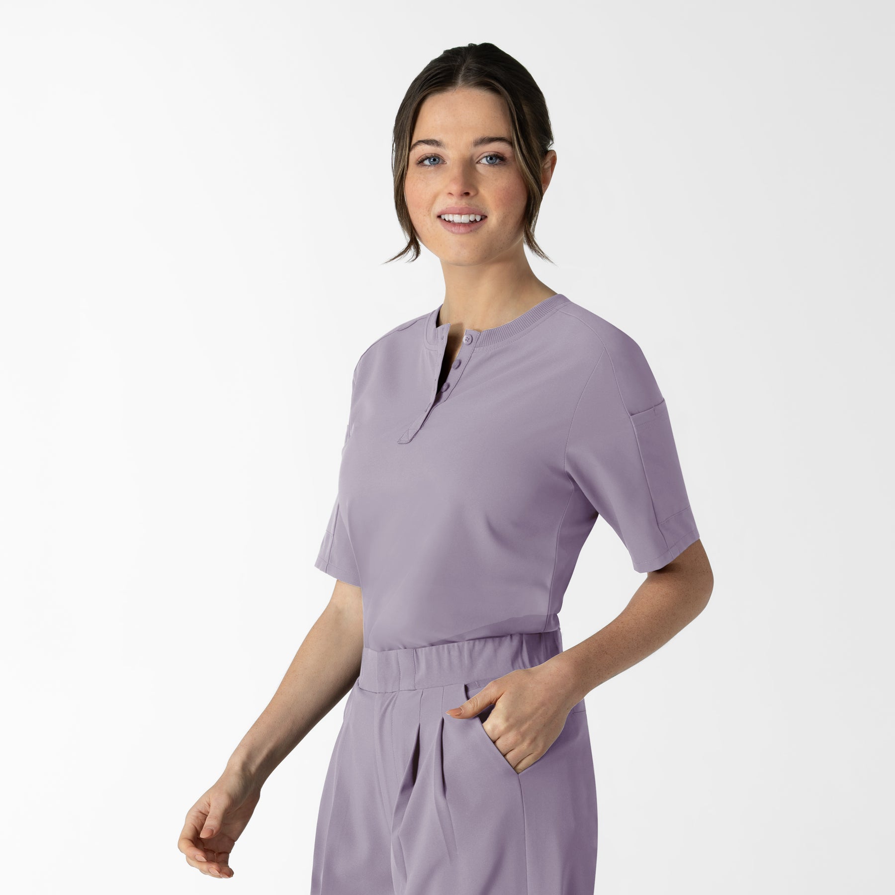 RENEW Women's Tuck-In Henley Scrub Top Wisteria side view