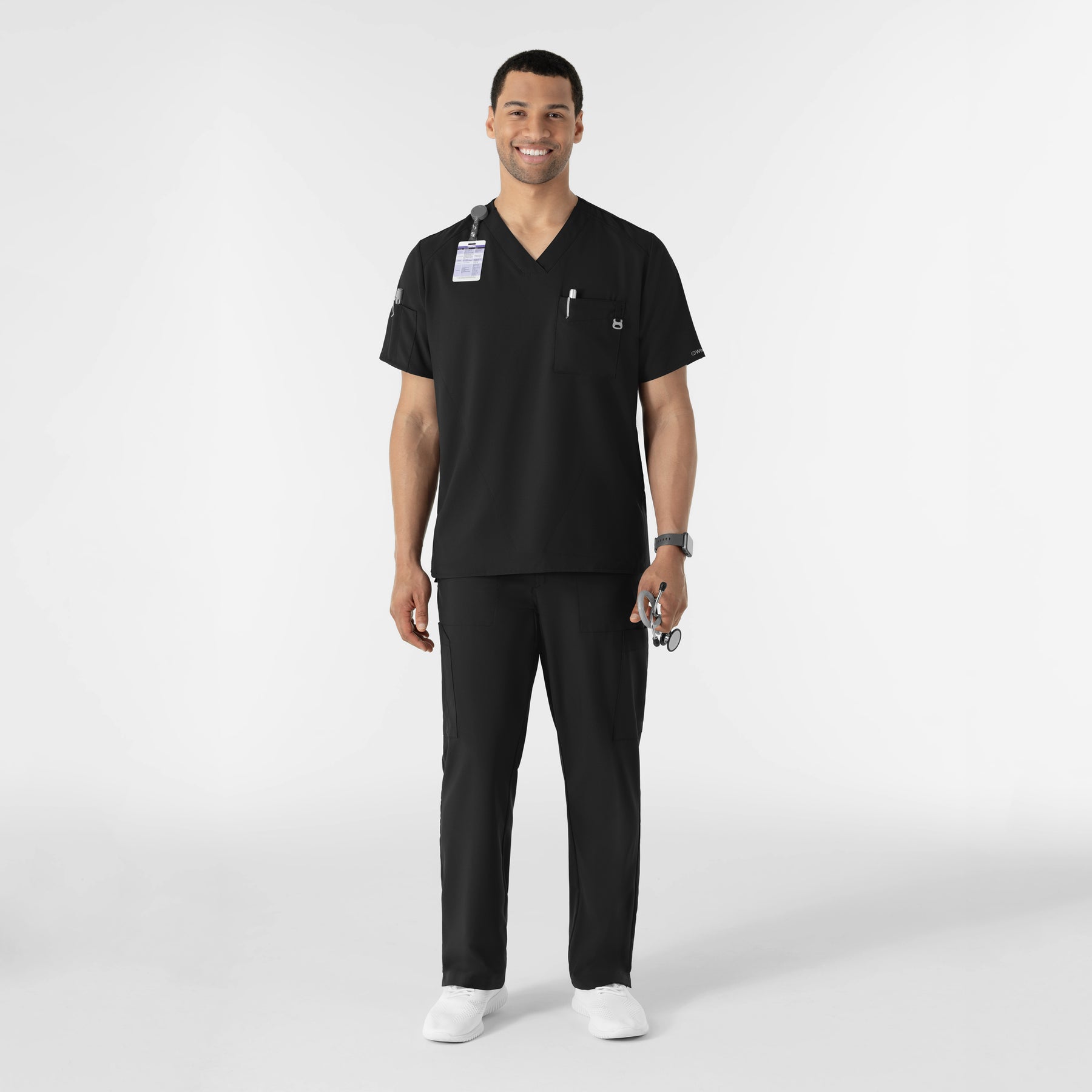 W123 Men's V-Neck Scrub Top Black full scrub set