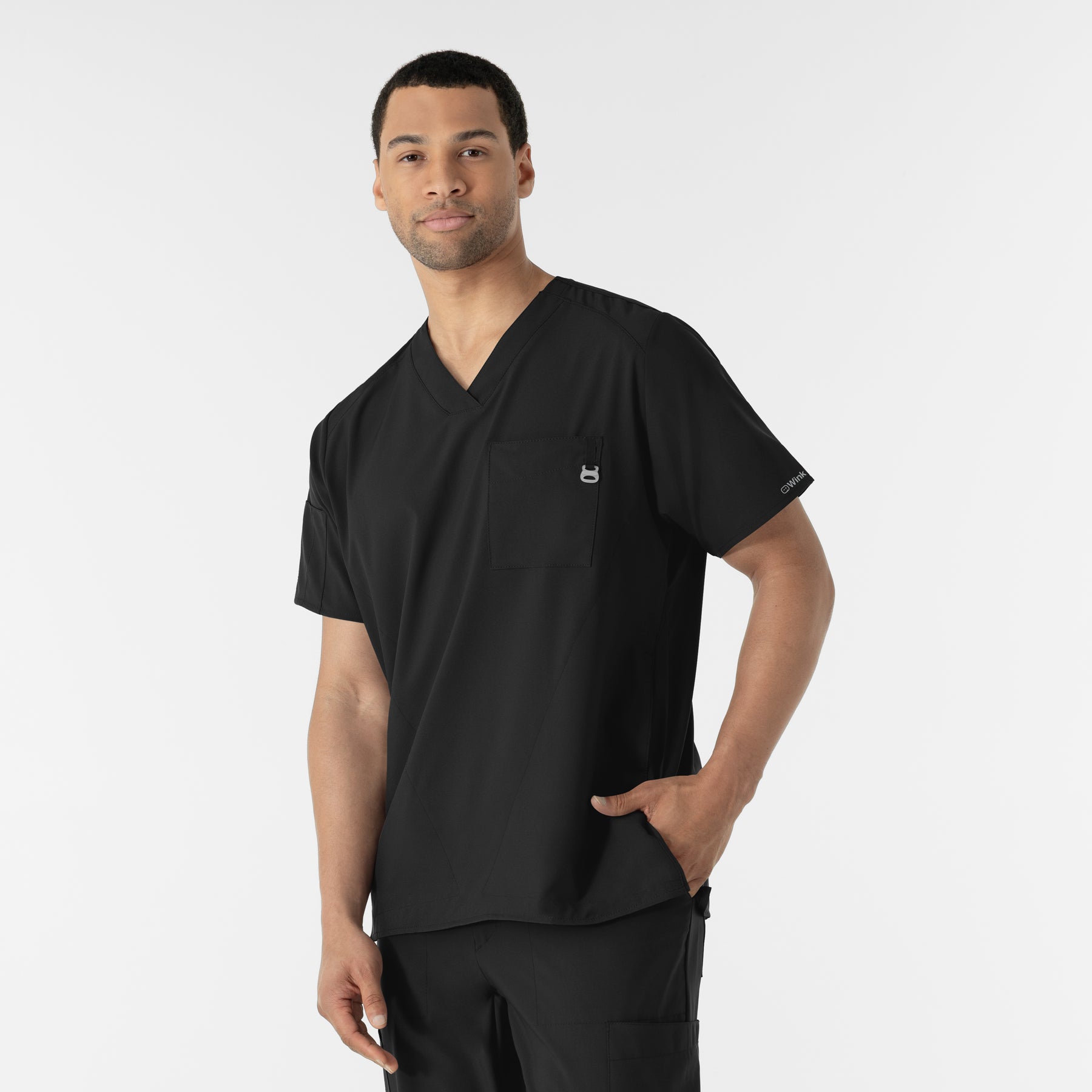 W123 Men's V-Neck Scrub Top Black side view