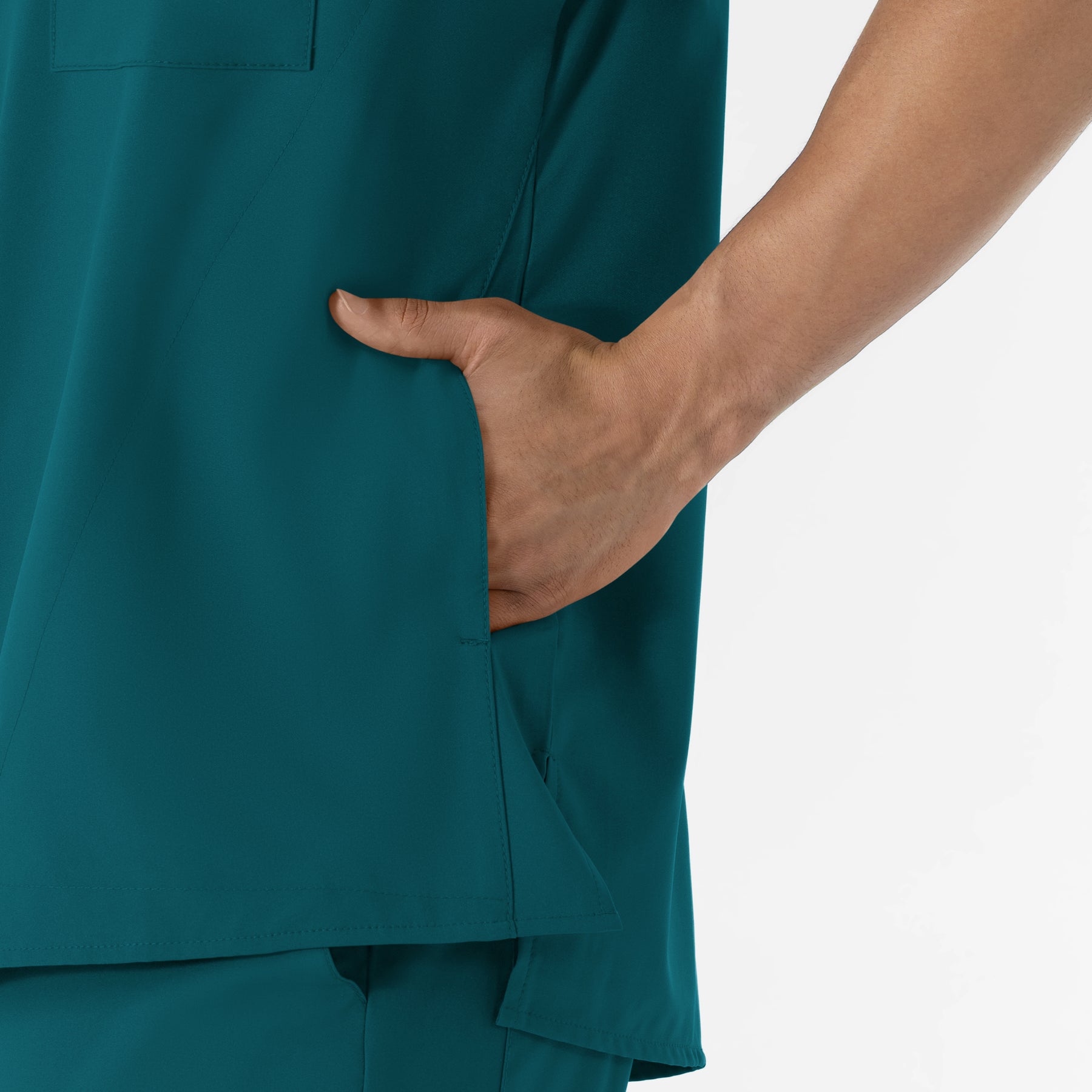 W123 Men's V-Neck Scrub Top Caribbean Blue front detail