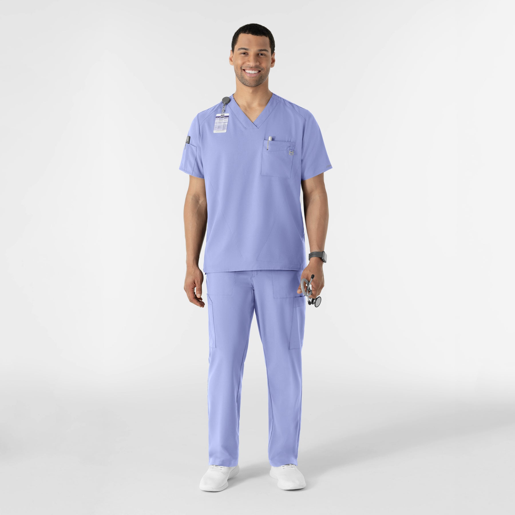 W123 Men's V-Neck Scrub Top Ceil Blue full scrub set