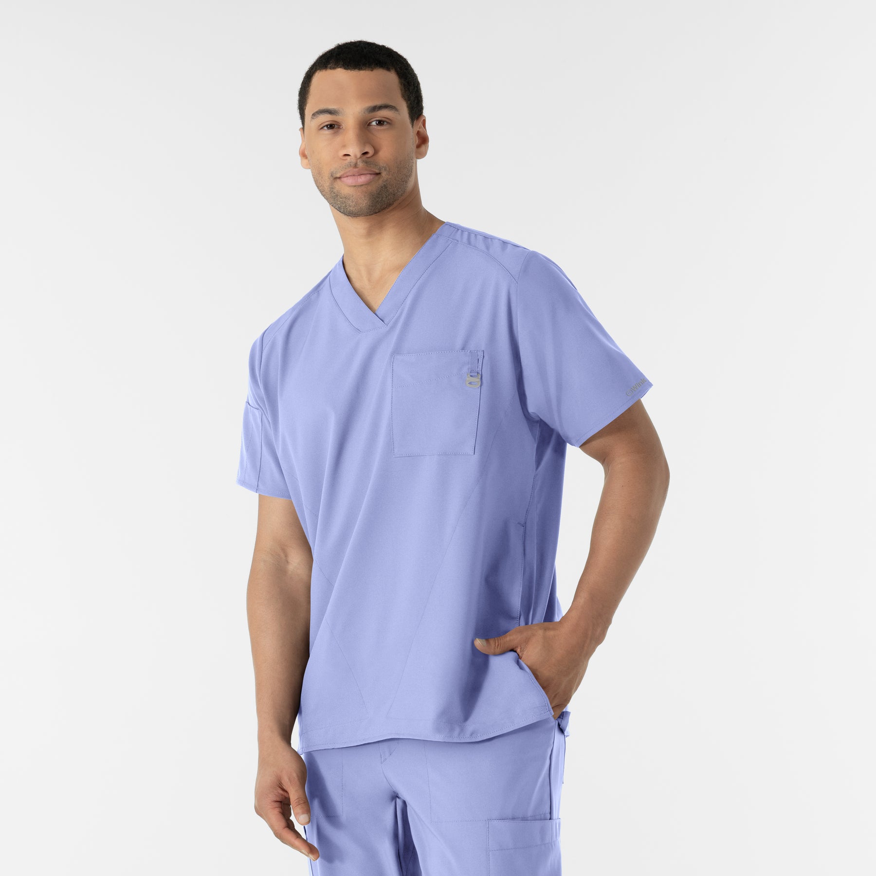 W123 Men's V-Neck Scrub Top Ceil Blue side view