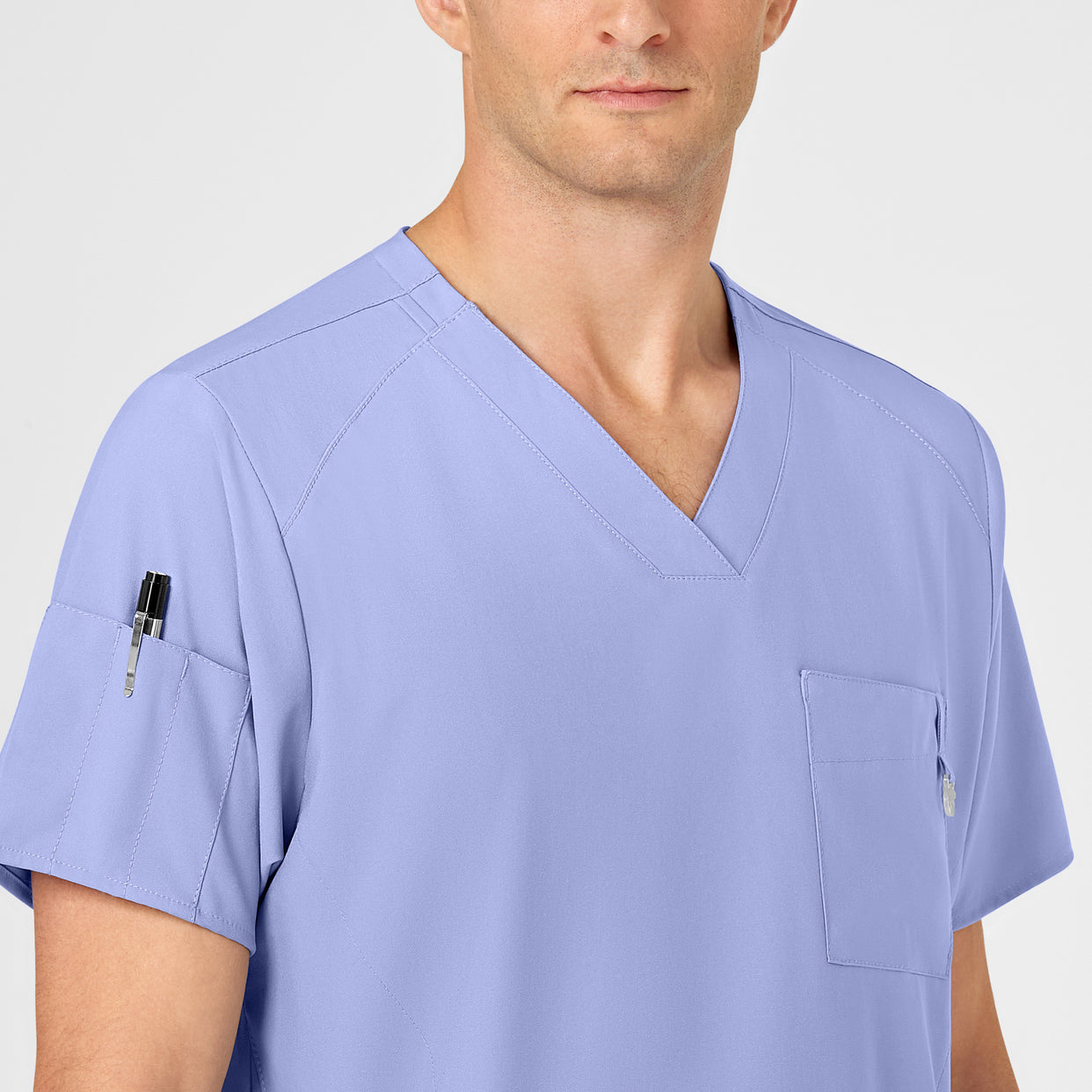 W123 Men's V-Neck Scrub Top Ceil Blue front detail