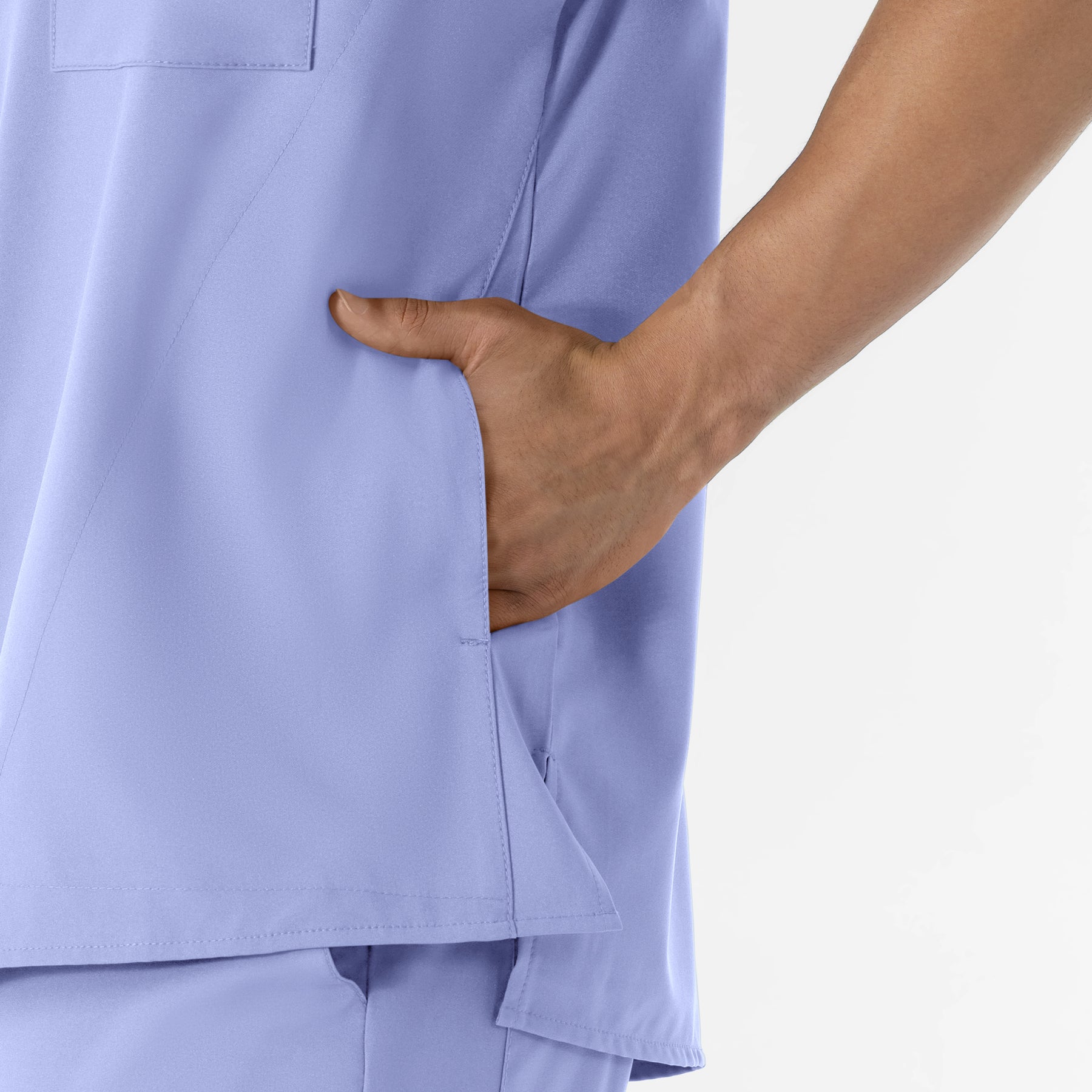 W123 Men's V-Neck Scrub Top Ceil Blue front detail
