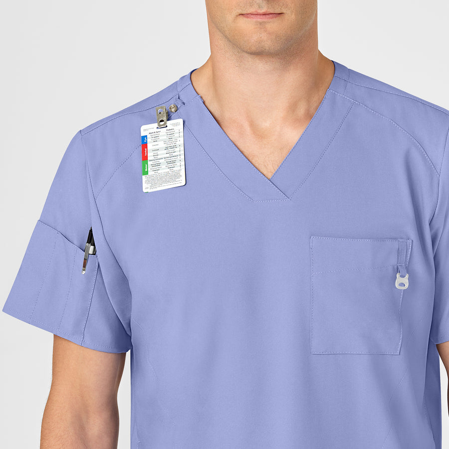 W123 Men's V-Neck Scrub Top Ceil Blue side detail 1