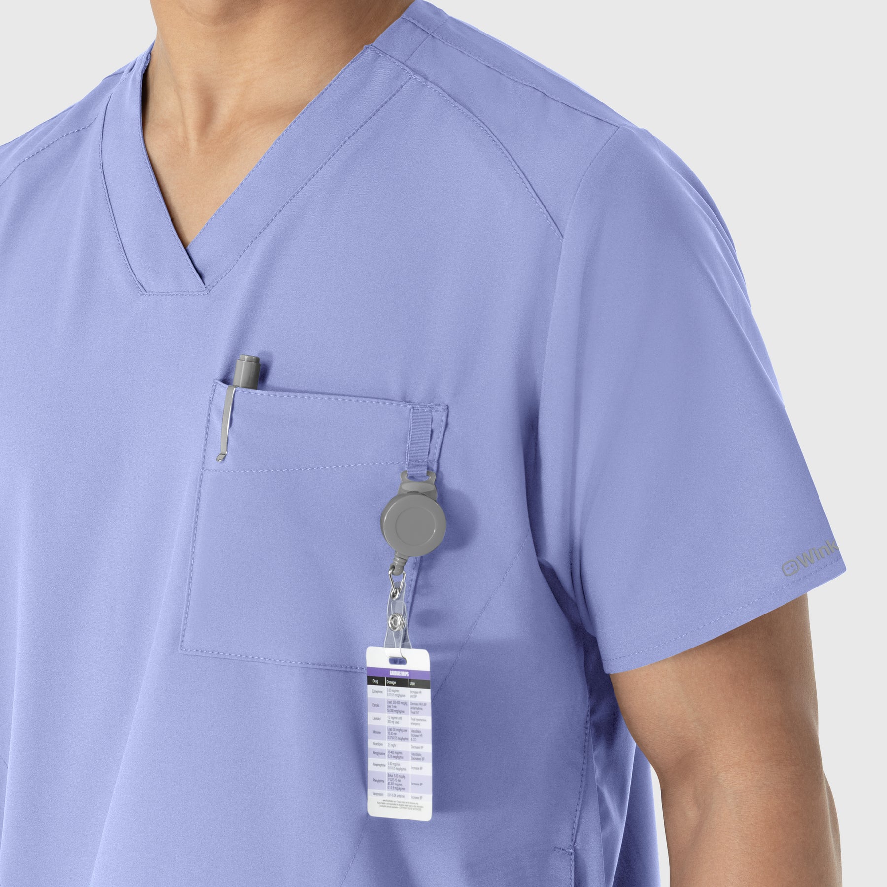 W123 Men's V-Neck Scrub Top Ceil Blue side detail 2