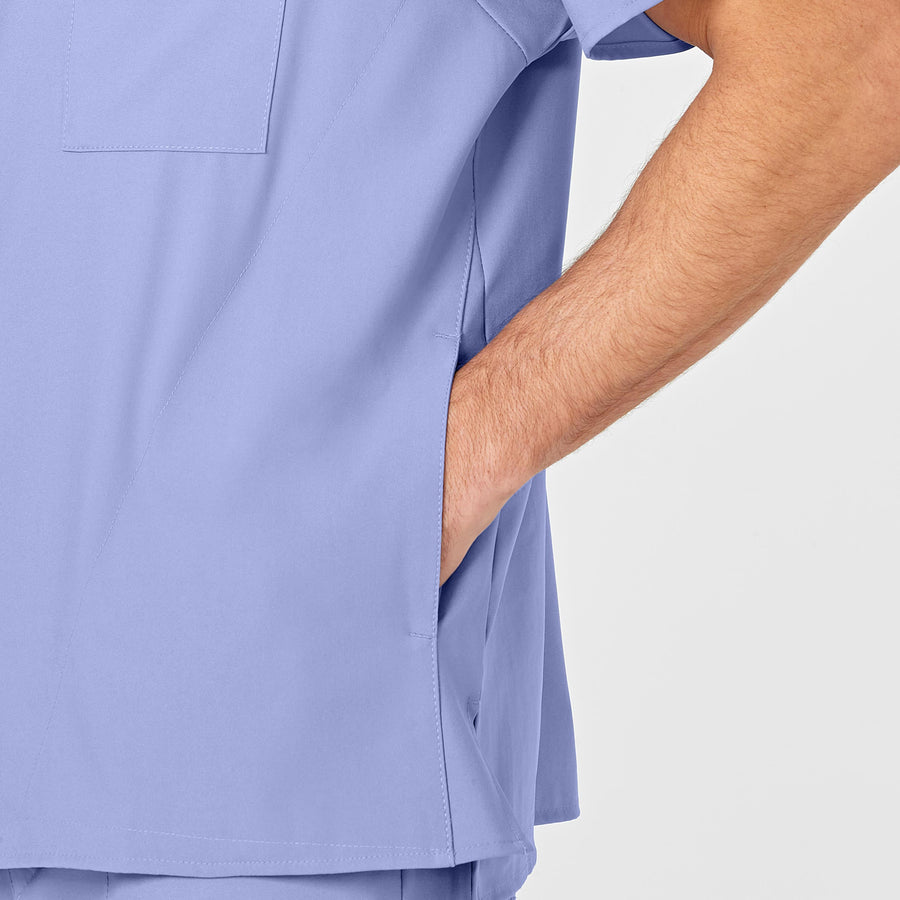 W123 Men's V-Neck Scrub Top Ceil Blue side detail 2