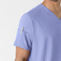 W123 Men's V-Neck Scrub Top Ceil Blue hemline detail