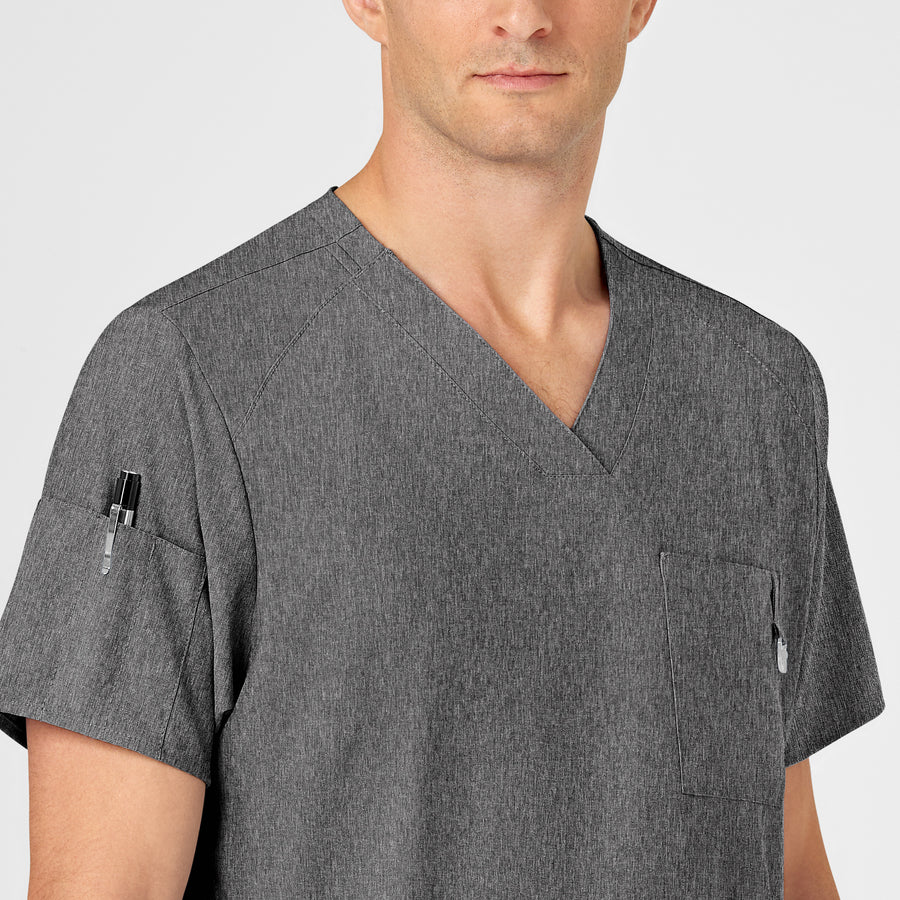 W123 Men's V-Neck Scrub Top Charcoal Heather front detail