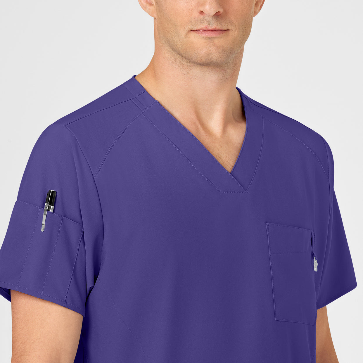 W123 Men's V-Neck Scrub Top Grape front detail