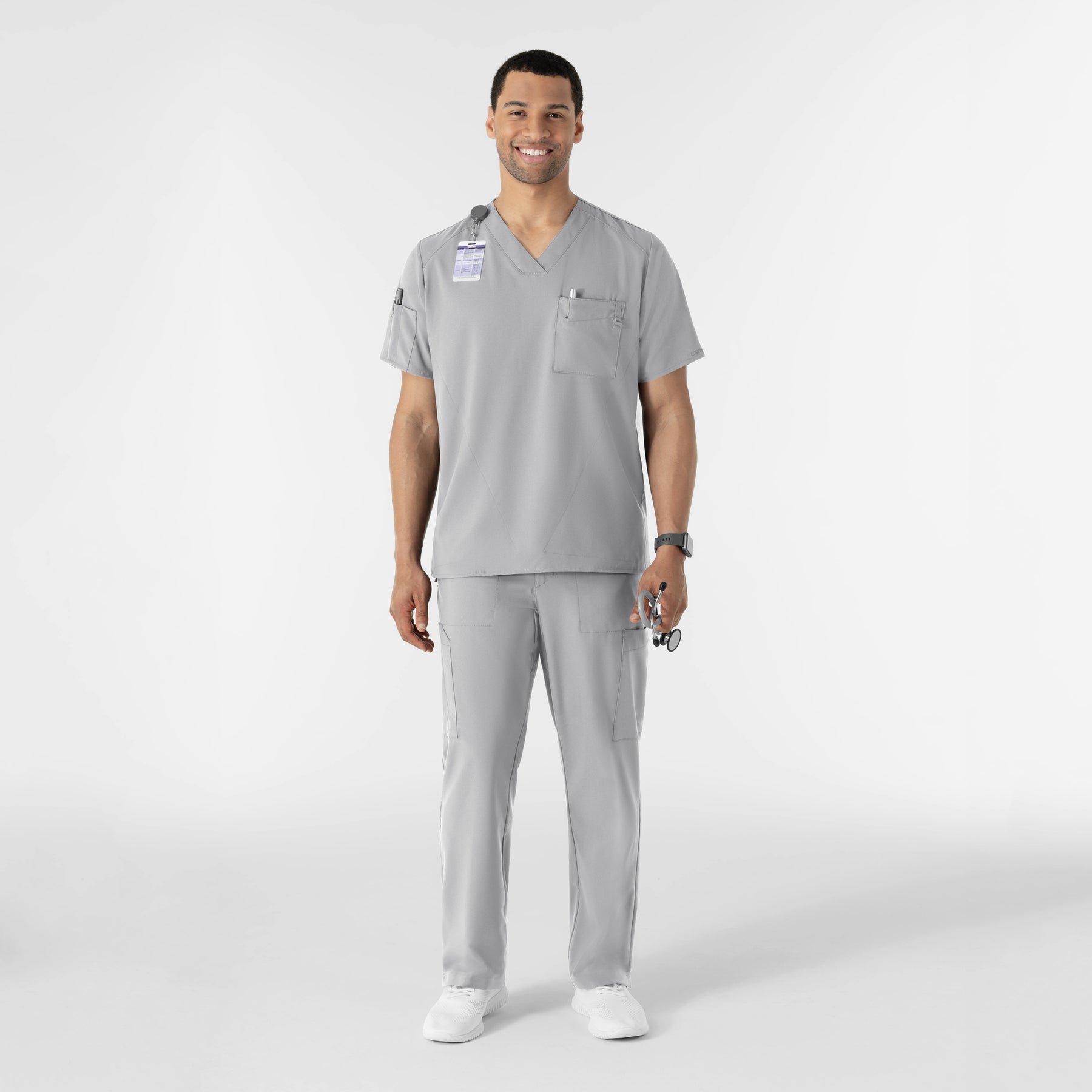 W123 Men's V-Neck Scrub Top Grey full scrub set