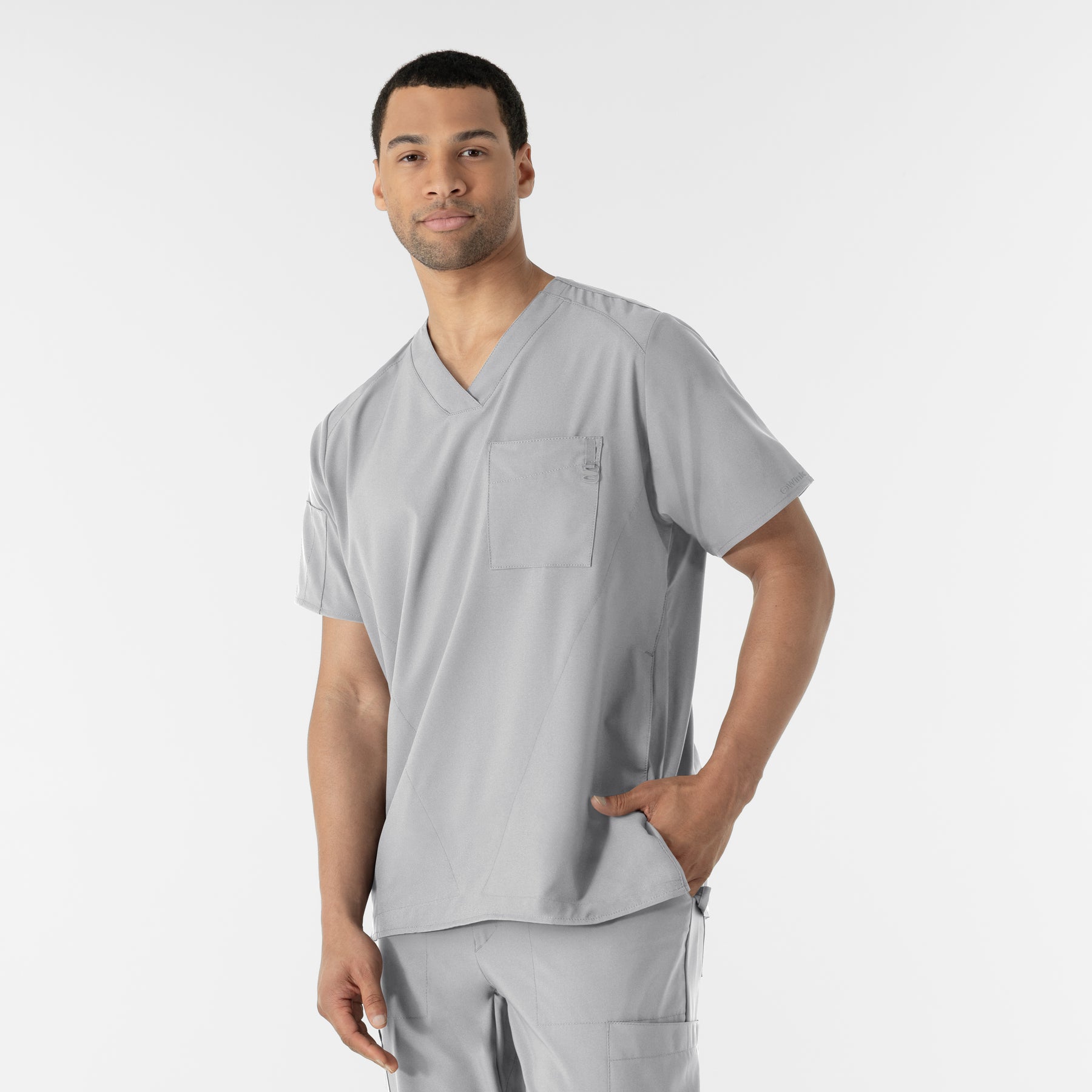 W123 Men's V-Neck Scrub Top Grey side view