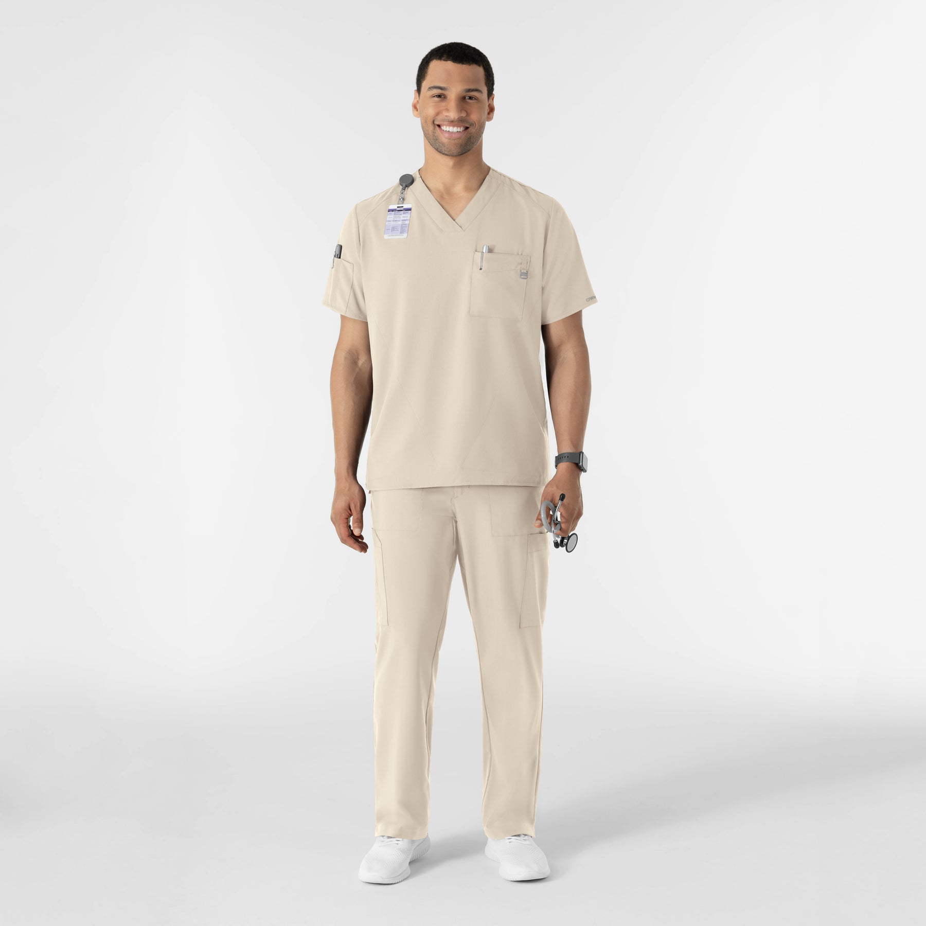 W123 Men's V-Neck Scrub Top Khaki full scrub set
