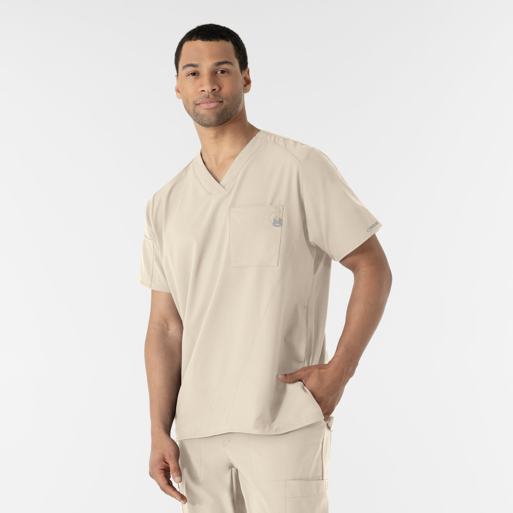 W123 Men's V-Neck Scrub Top Khaki side view