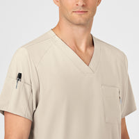 W123 Men's V-Neck Scrub Top Khaki front detail