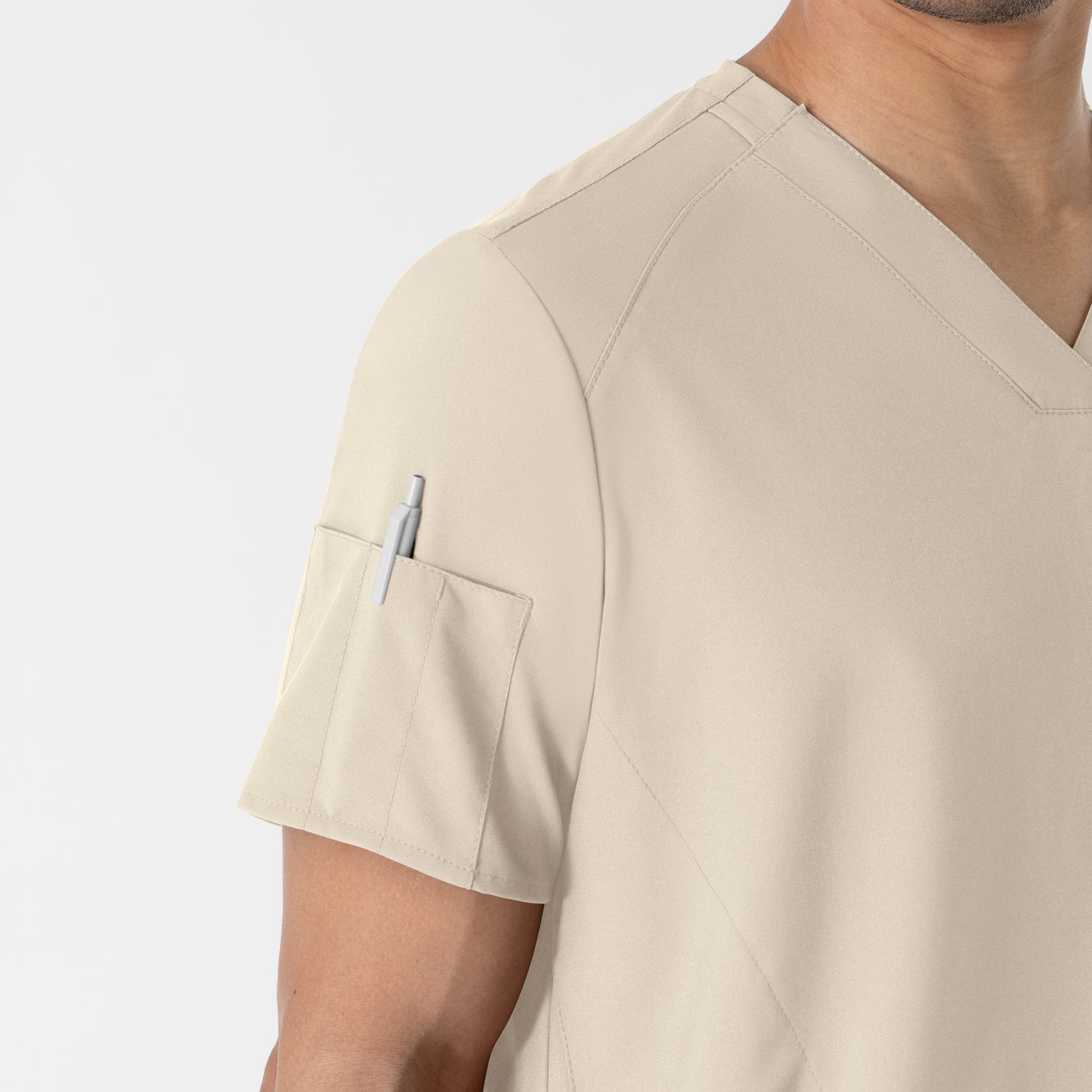 W123 Men's V-Neck Scrub Top Khaki hemline detail