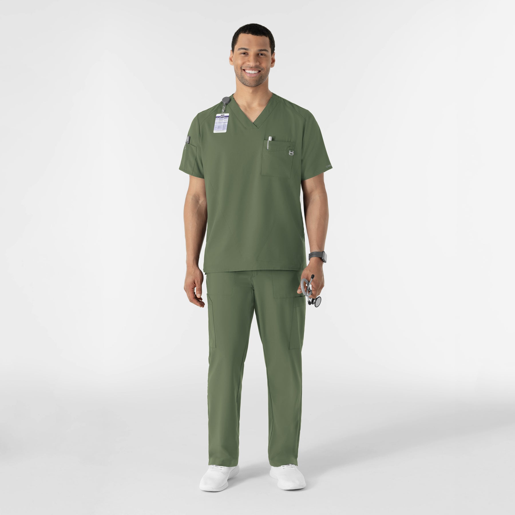 W123 Men's V-Neck Scrub Top Olive full scrub set