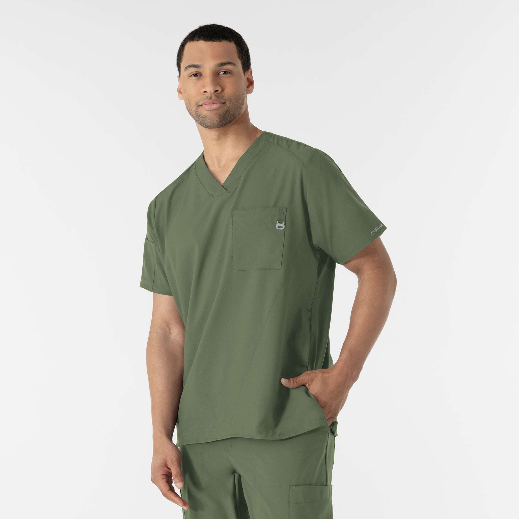 W123 Men's V-Neck Scrub Top Olive side view