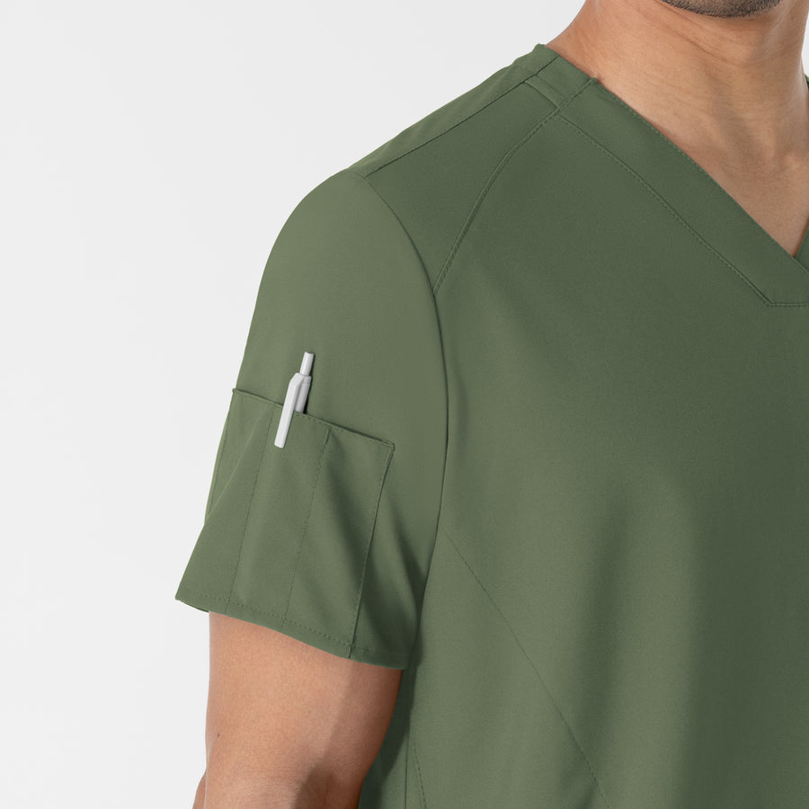 W123 Men's V-Neck Scrub Top Olive hemline detail