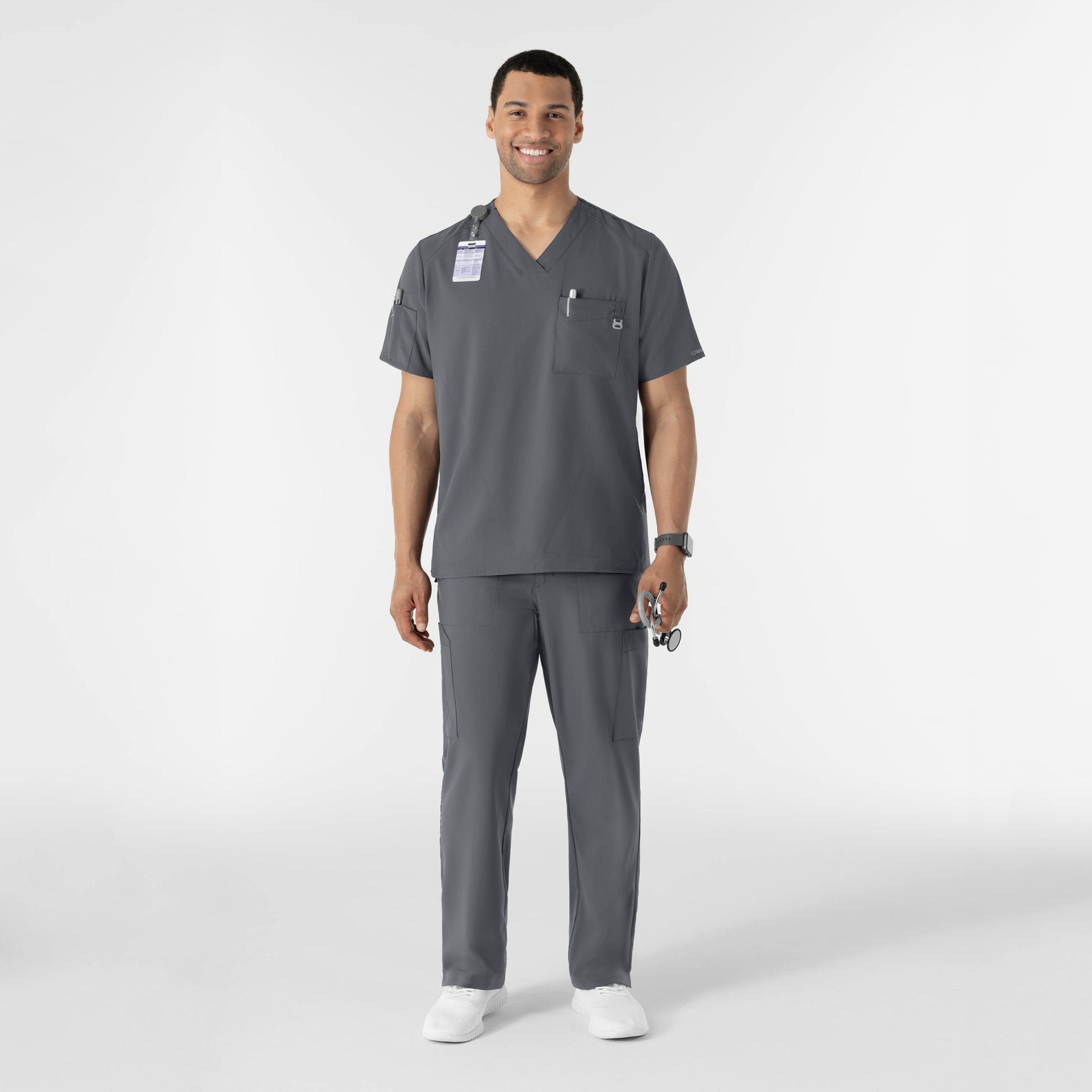 W123 Men's V-Neck Scrub Top Pewter full scrub set
