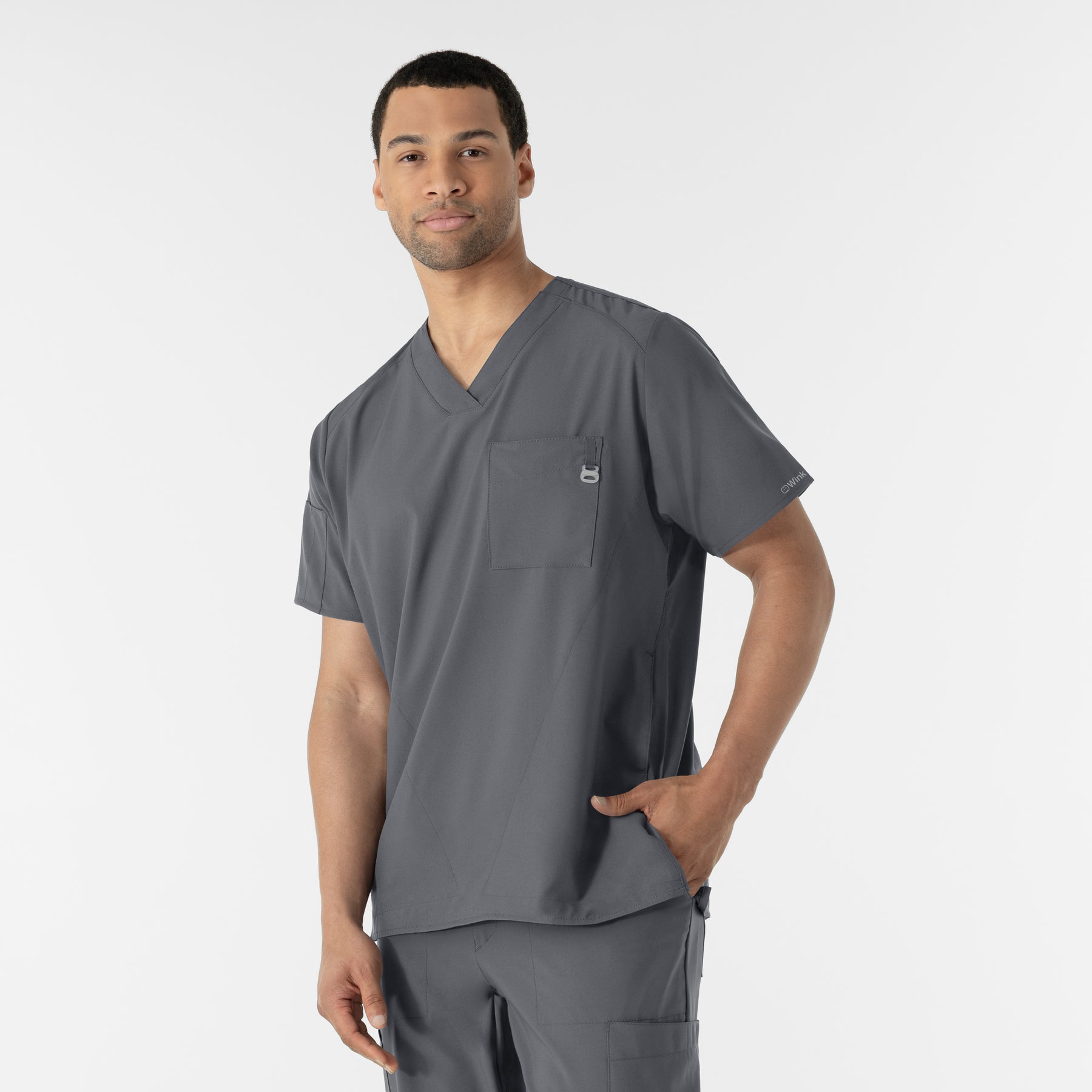 W123 Men's V-Neck Scrub Top Pewter side view