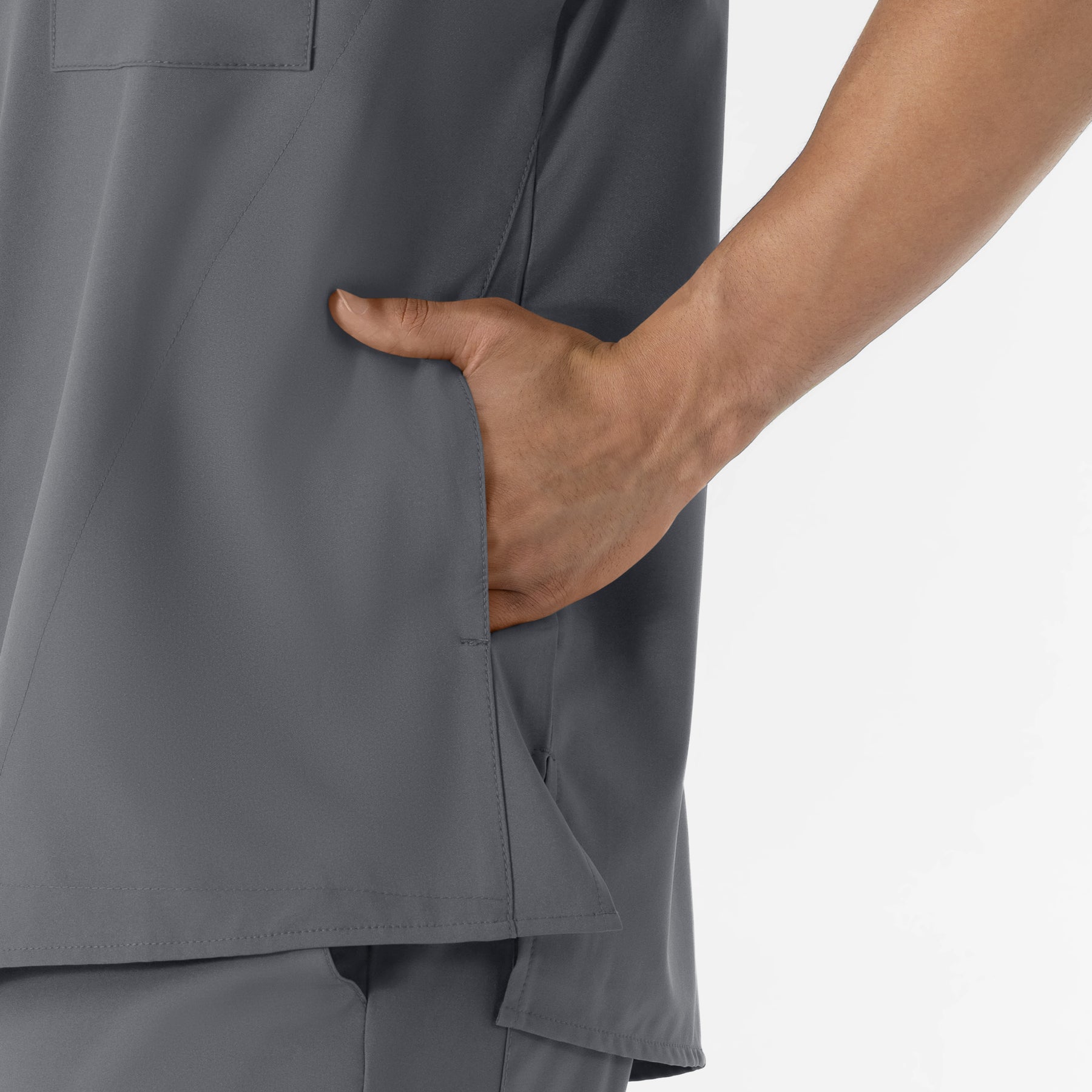 W123 Men's V-Neck Scrub Top Pewter front detail