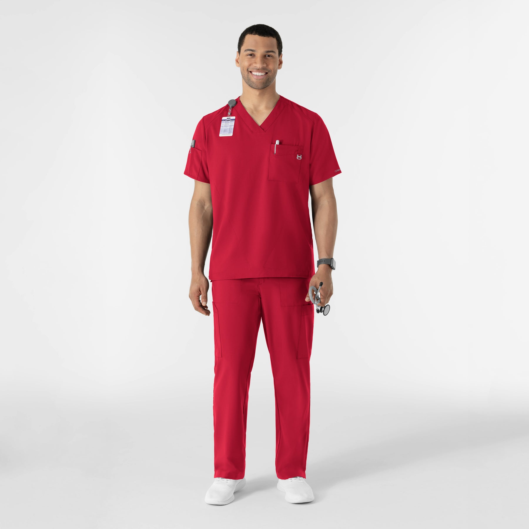 W123 Men's V-Neck Scrub Top Red full scrub set