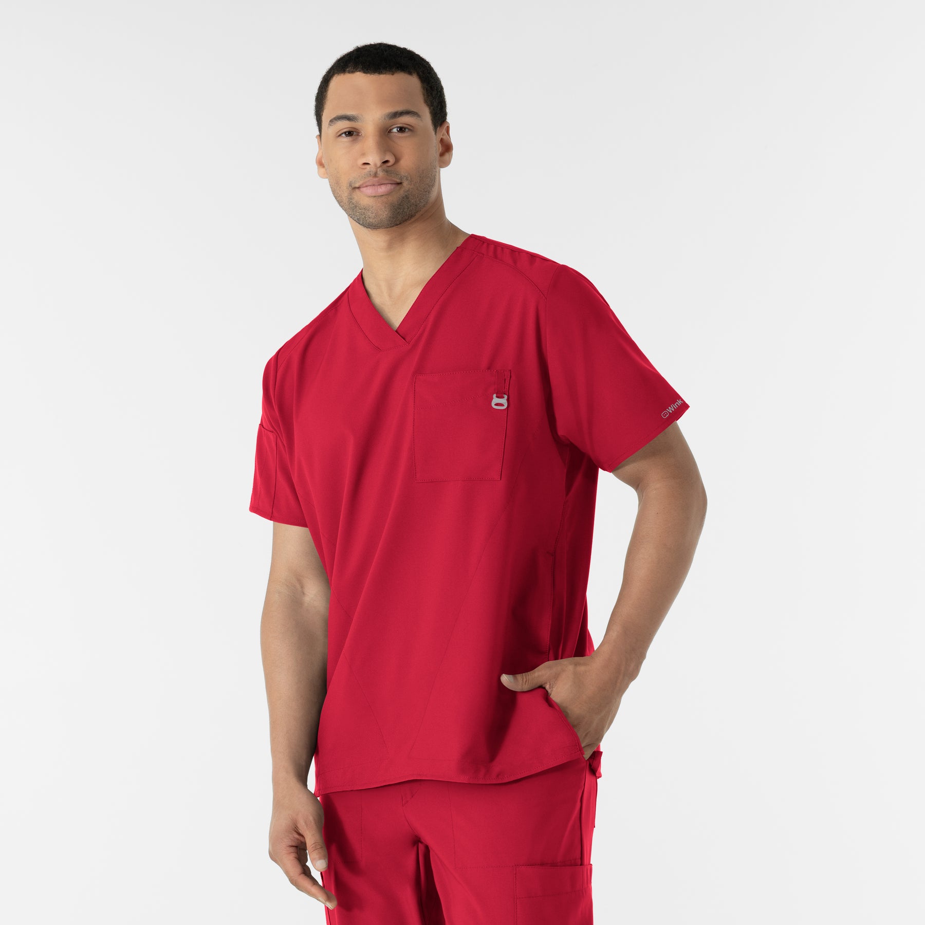 W123 Men's V-Neck Scrub Top Red side view