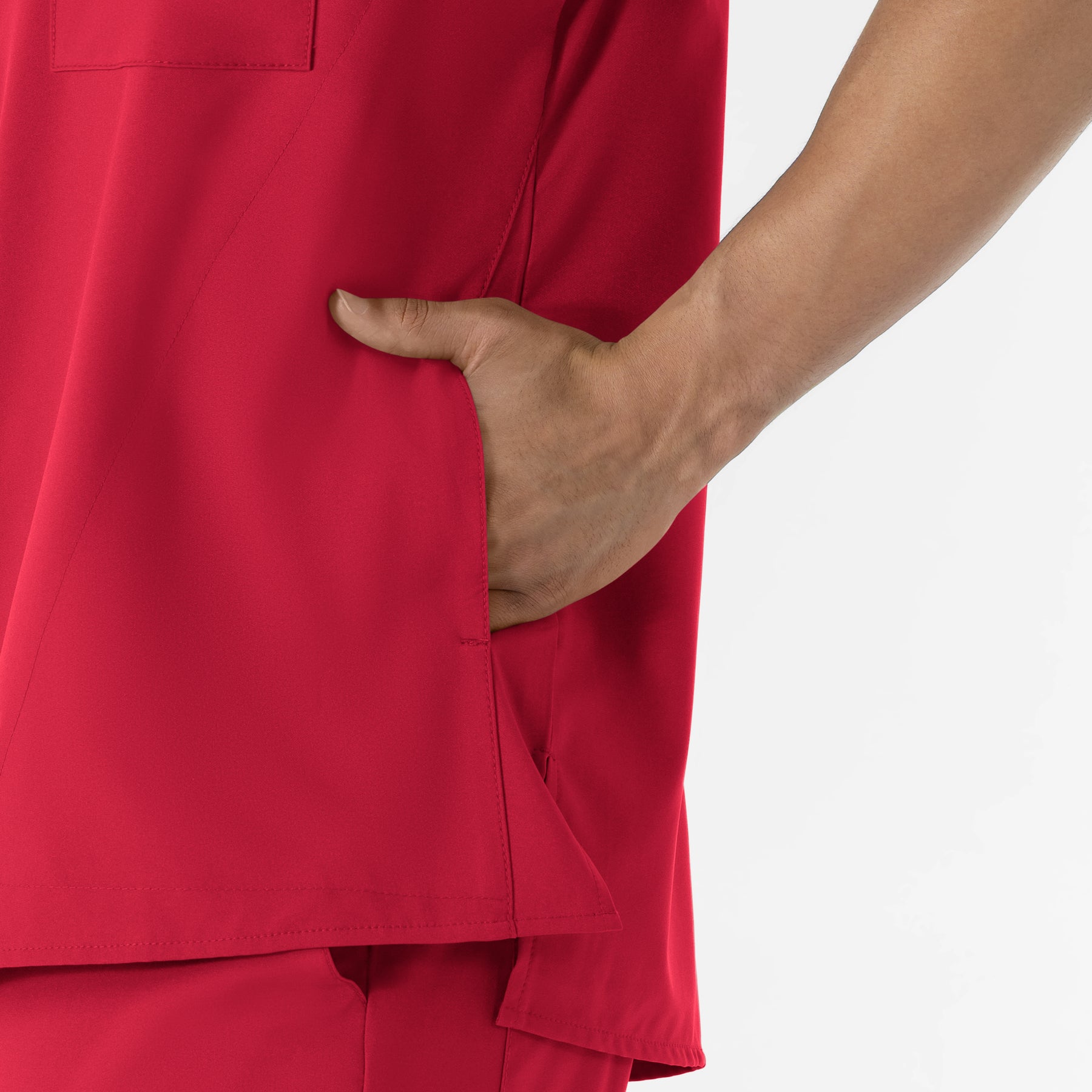W123 Men's V-Neck Scrub Top Red front detail